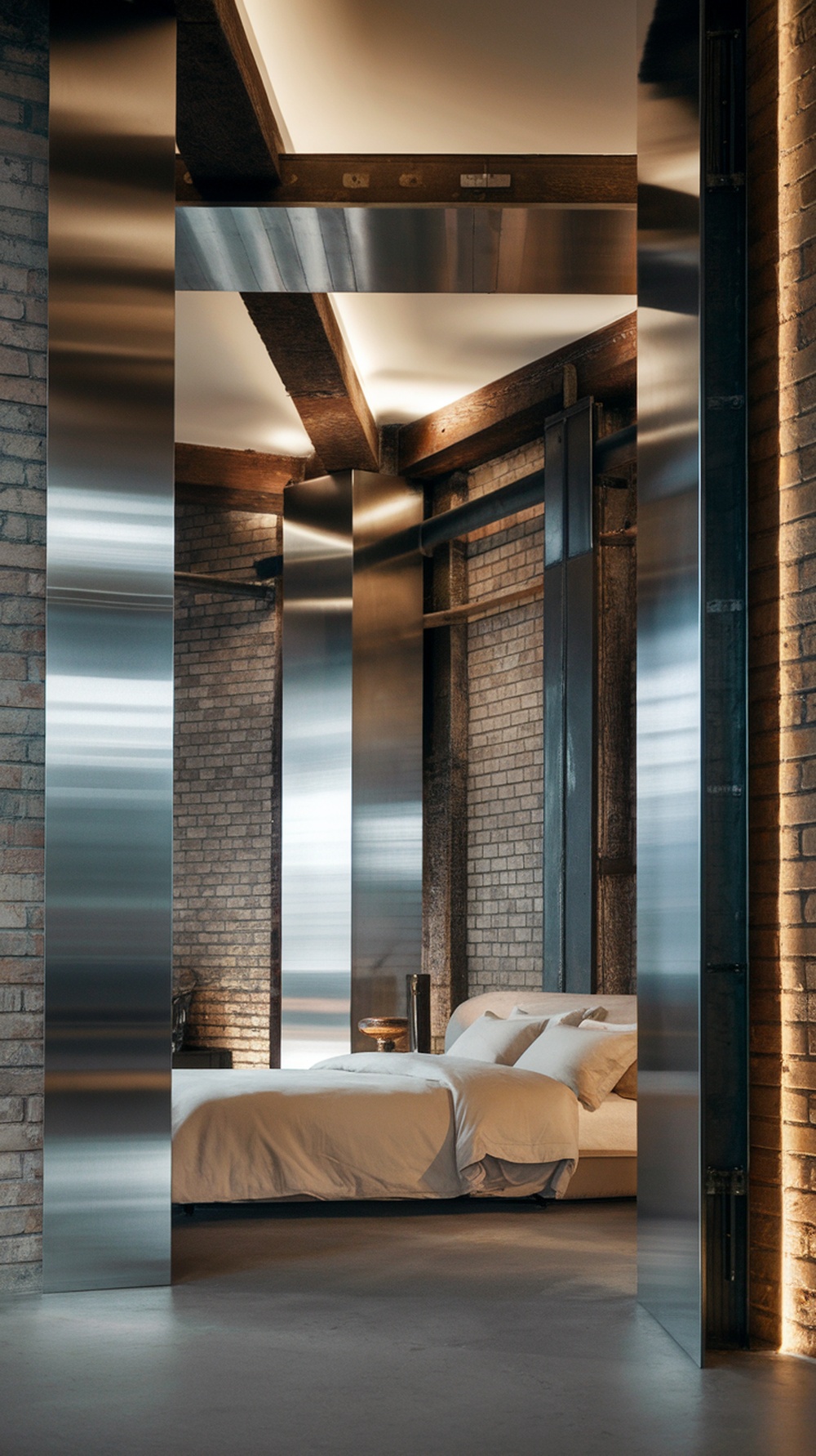 A modern luxury bedroom featuring industrial minimalism with stainless steel and exposed brick.