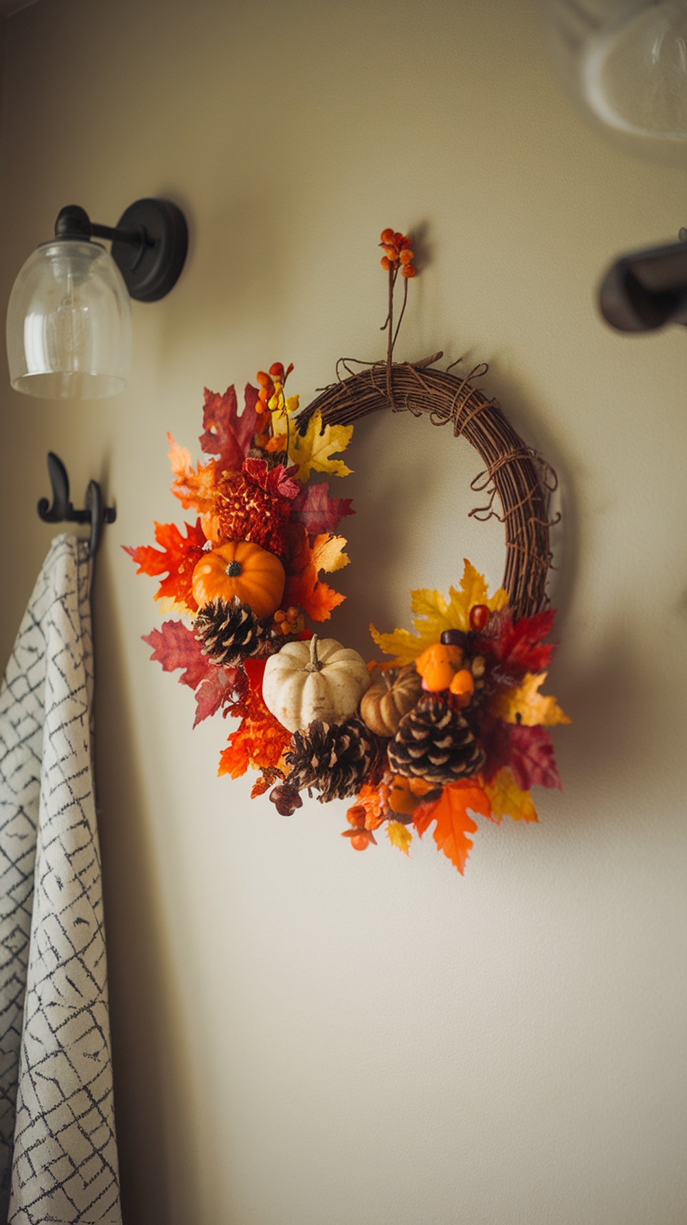 A fall-themed wreath with colorful leaves, pumpkins, and pinecones hanging on a wall.