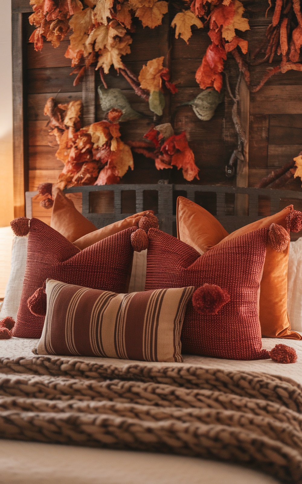 A cozy fall bedroom decor featuring warm pillows and autumn leaves.