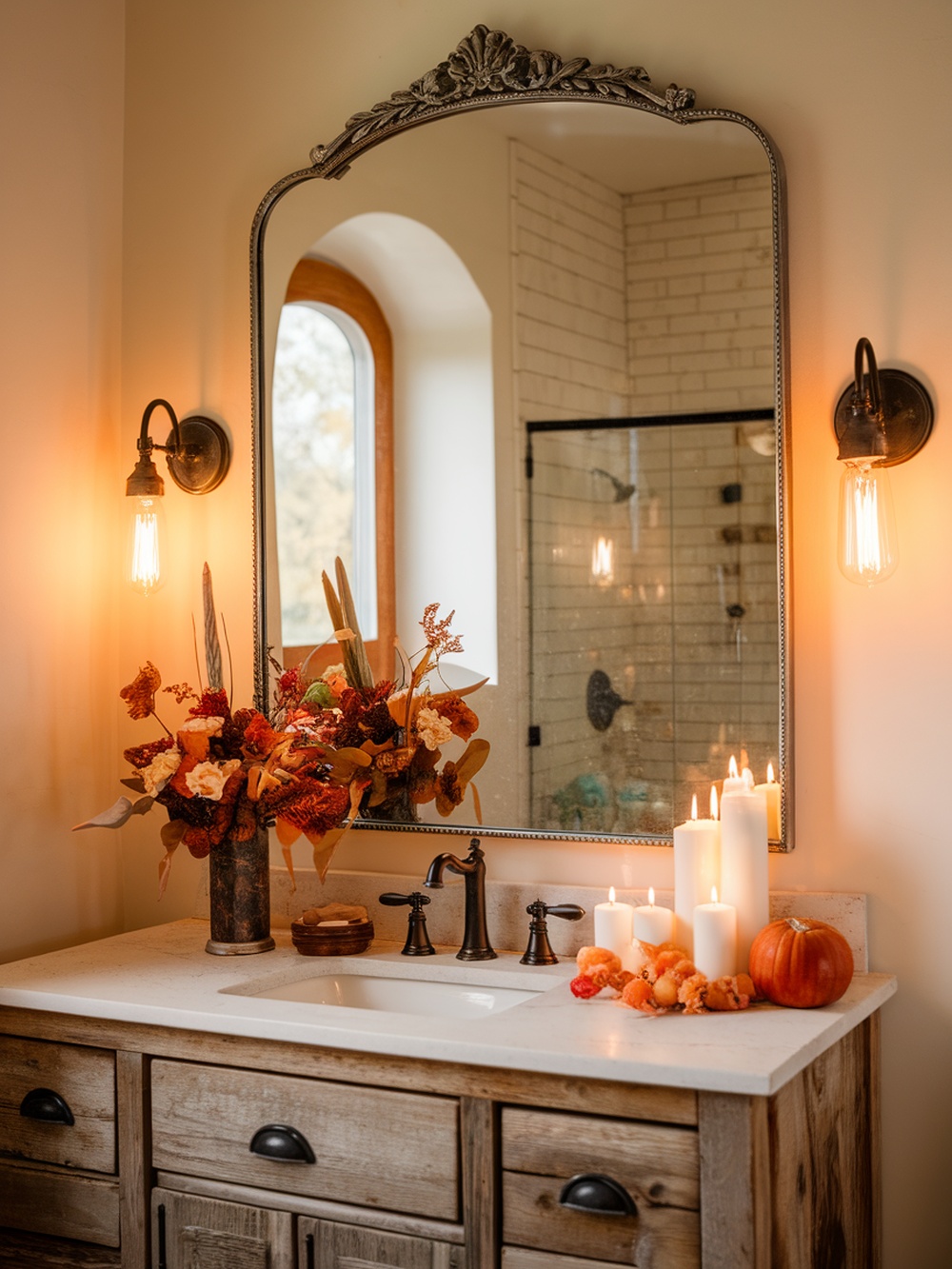 A cozy bathroom featuring a statement mirror, warm lighting, and fall decorations.