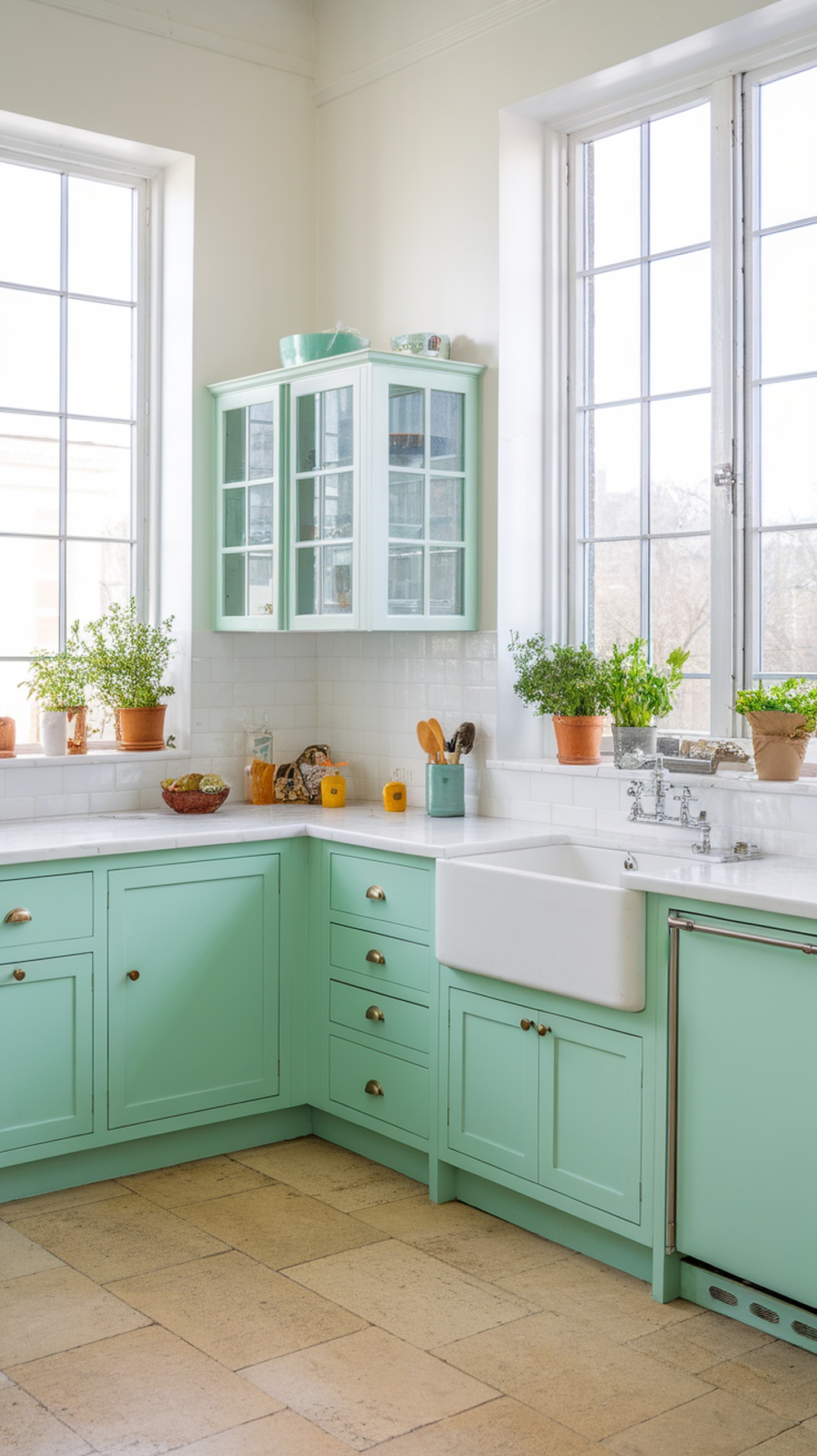 A bright kitchen featuring mint green cabinets, white countertops, and natural light.