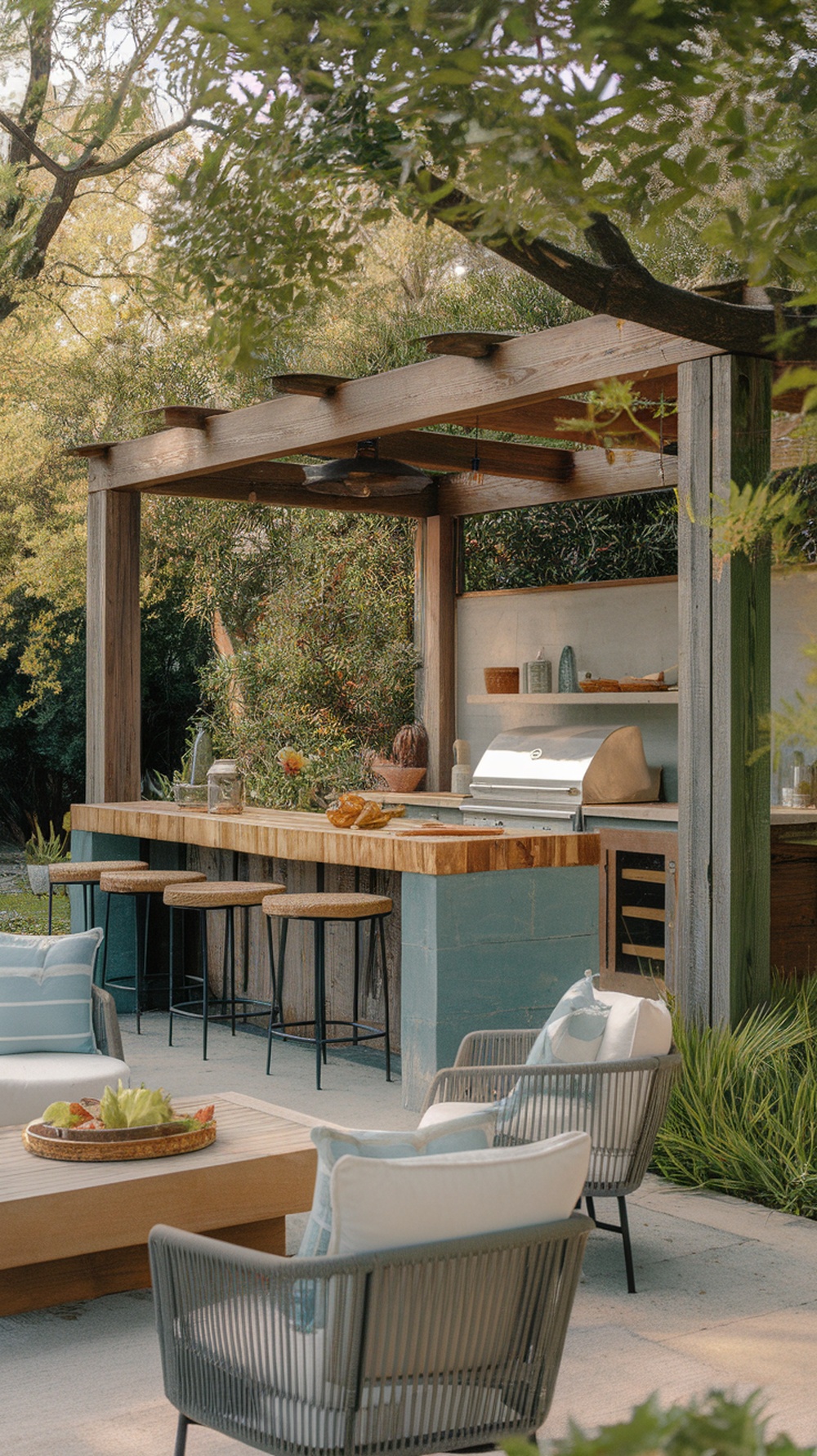 An eco-friendly outdoor kitchen featuring natural wood and stone materials, surrounded by greenery.