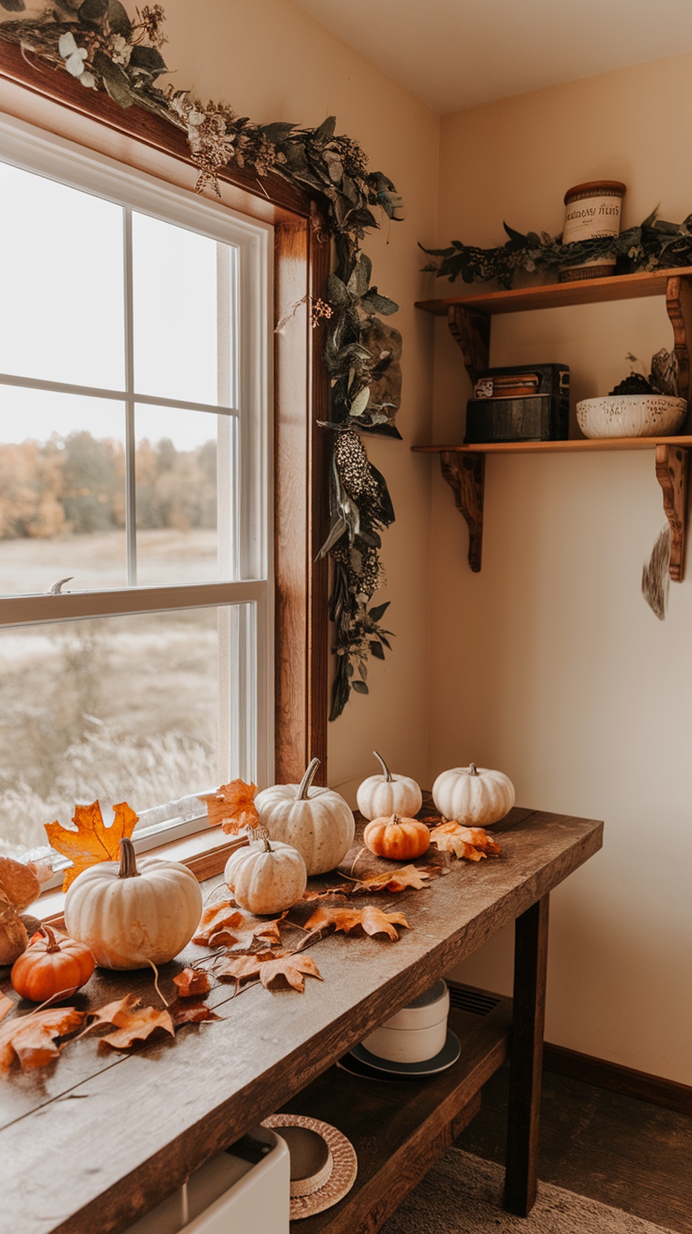 A cozy kitchen with a wooden table decorated with pumpkins and autumn leaves, featuring a window with a view of fall foliage.