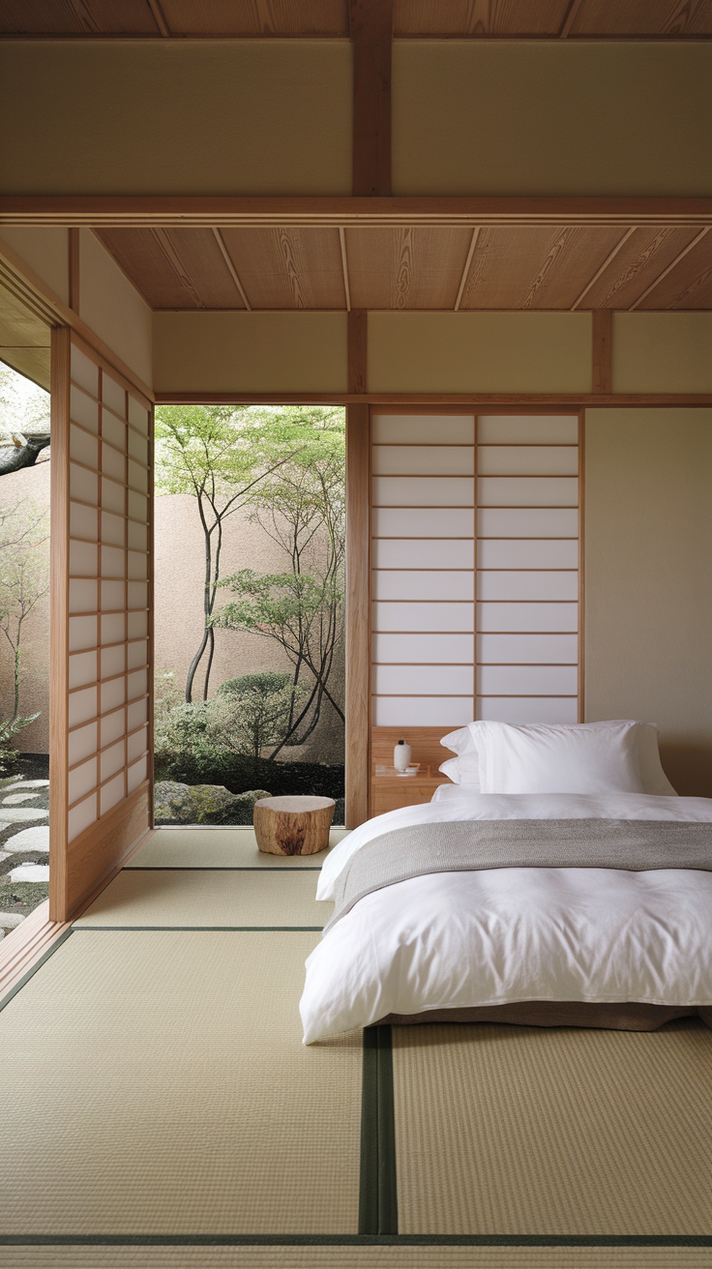 A minimalist modern luxury bedroom with tatami mats, shoji doors, and a view of a serene garden.