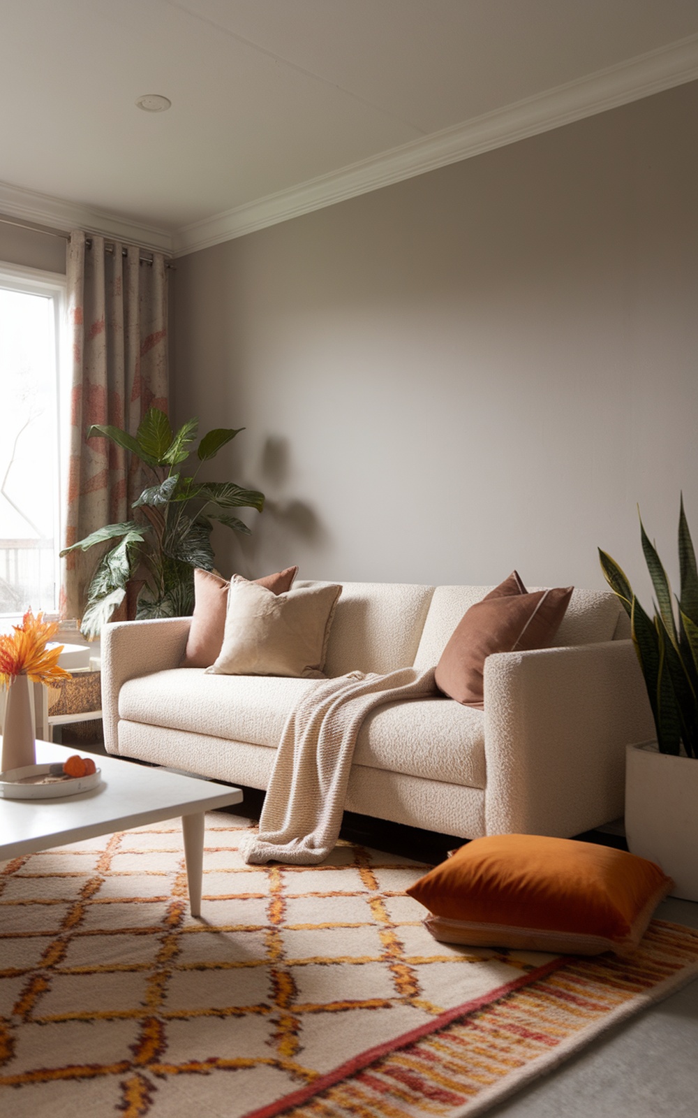 A cozy living room featuring a West Elm Boucle Sofa with neutral tones, warm pillows, and a decorative rug.
