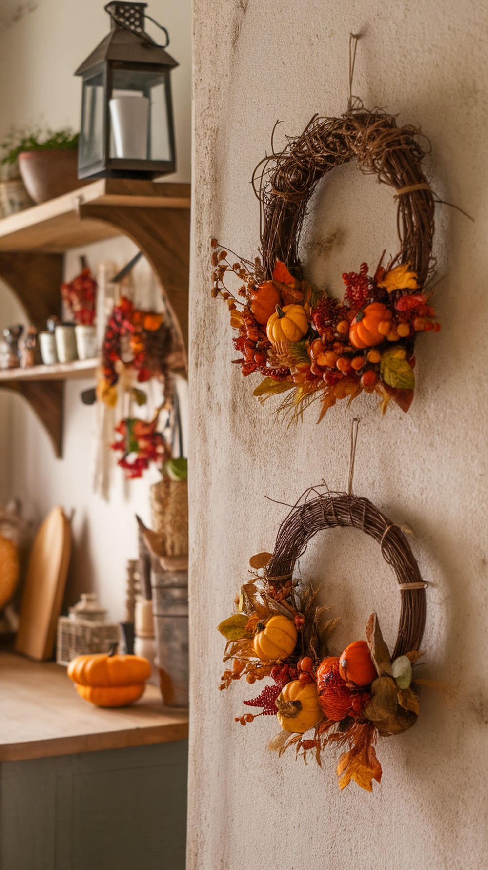 Two fall wreaths with mini pumpkins and autumn leaves hanging on a wall in a cozy kitchen.