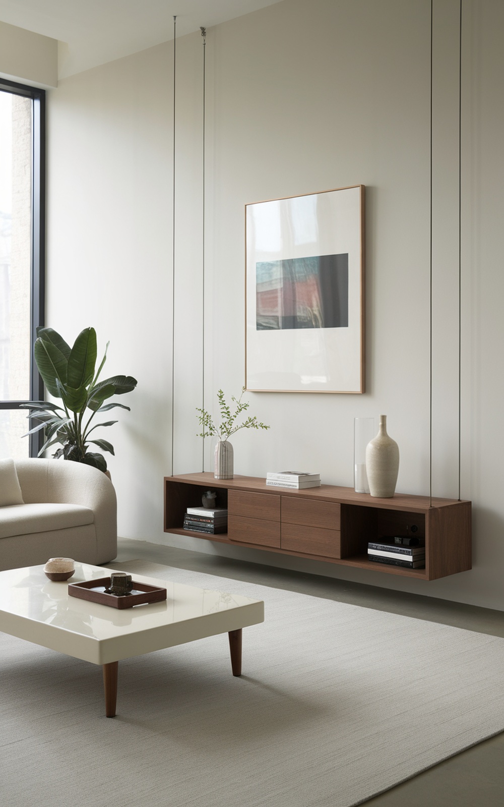 Modern minimalist living room featuring a Cb2 Suspend Media Console with a floating design, warm wood finish, and stylish decor elements.