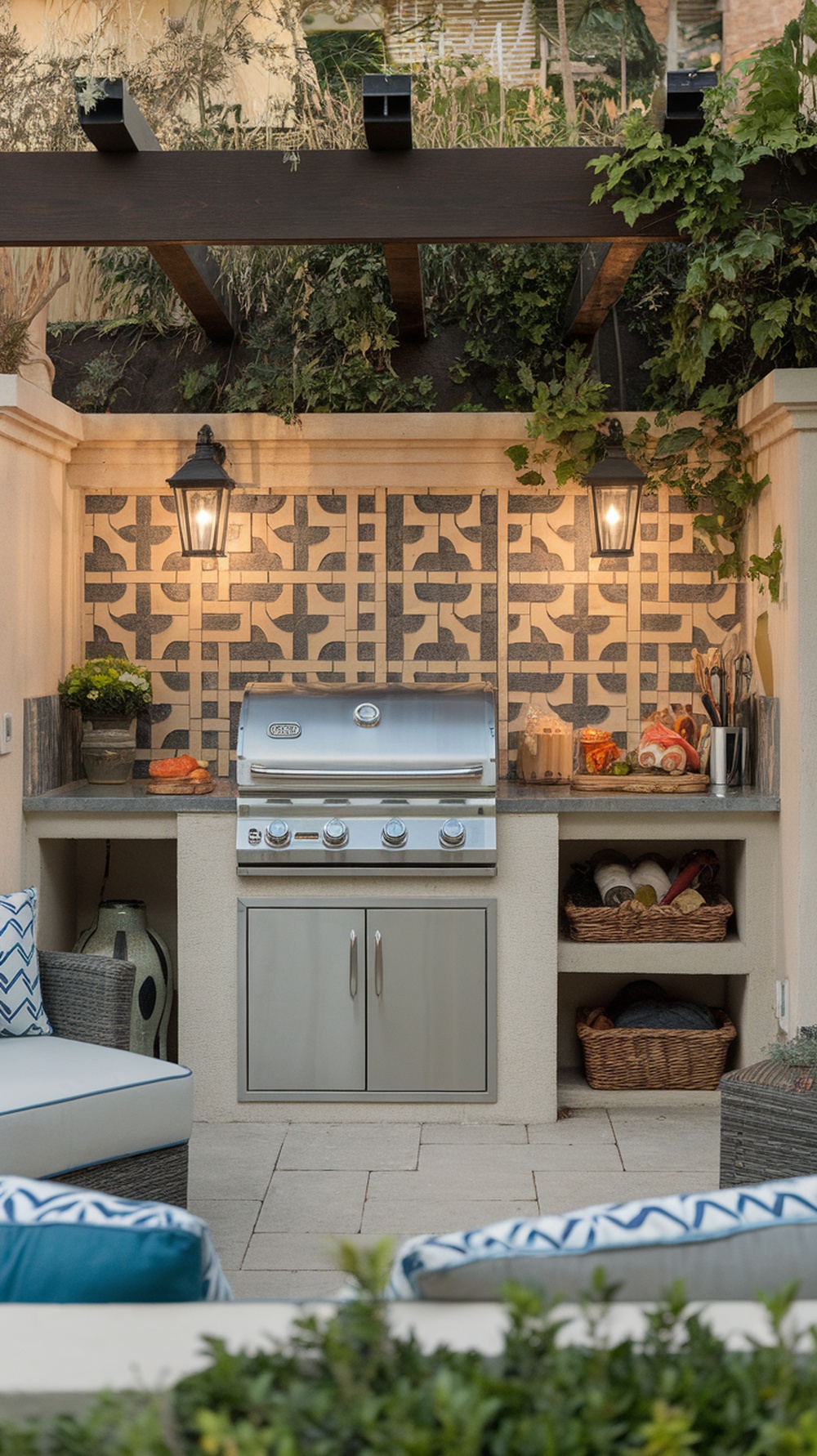 Stylish outdoor kitchen grill area with tiled backdrop and greenery