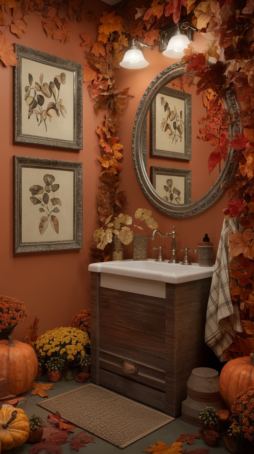 A cozy bathroom decorated with botanical prints, autumn leaves, and pumpkins.
