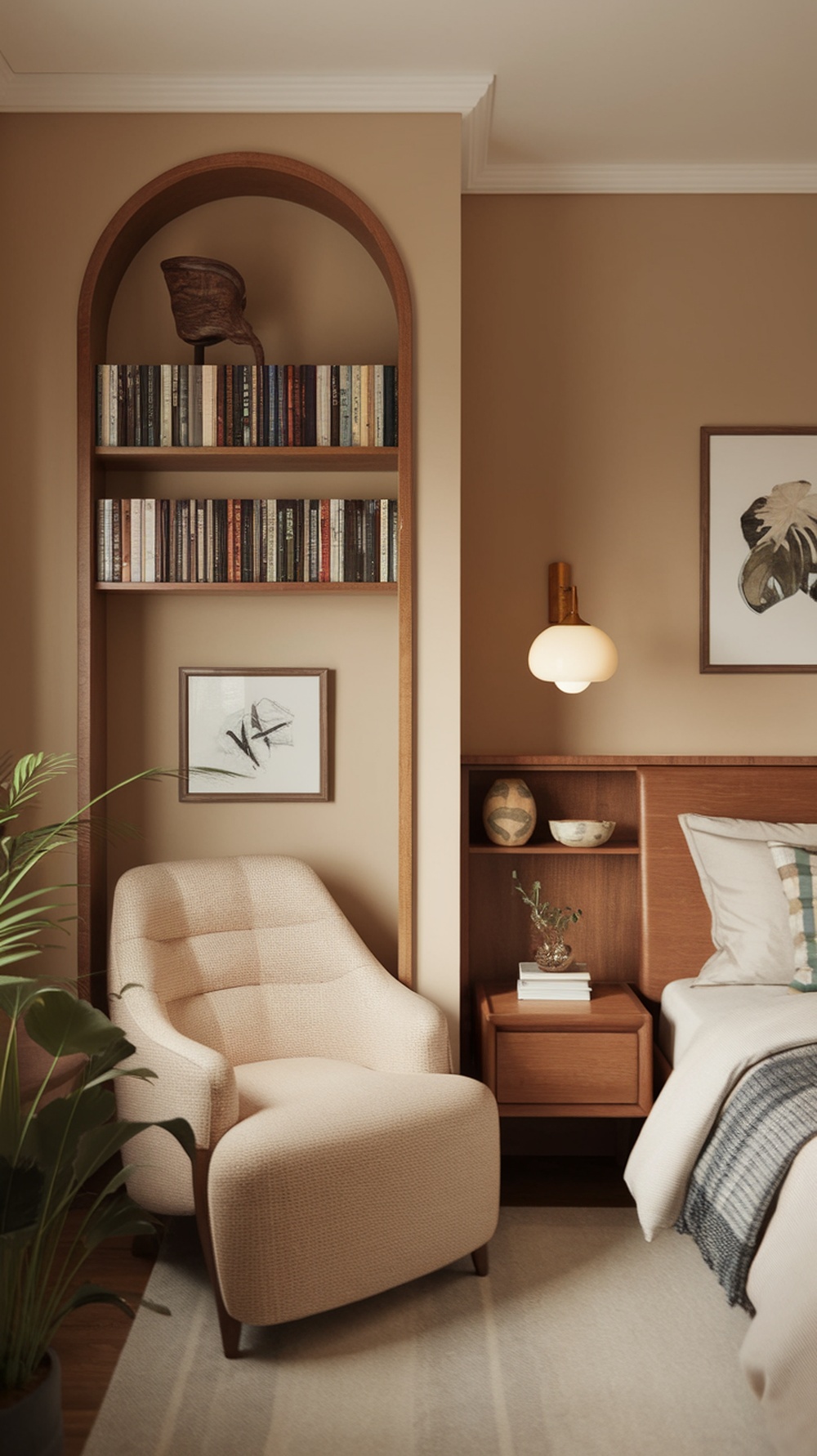 A cozy mid-century modern bedroom corner featuring a stylish armchair, bookshelf, and warm tones.