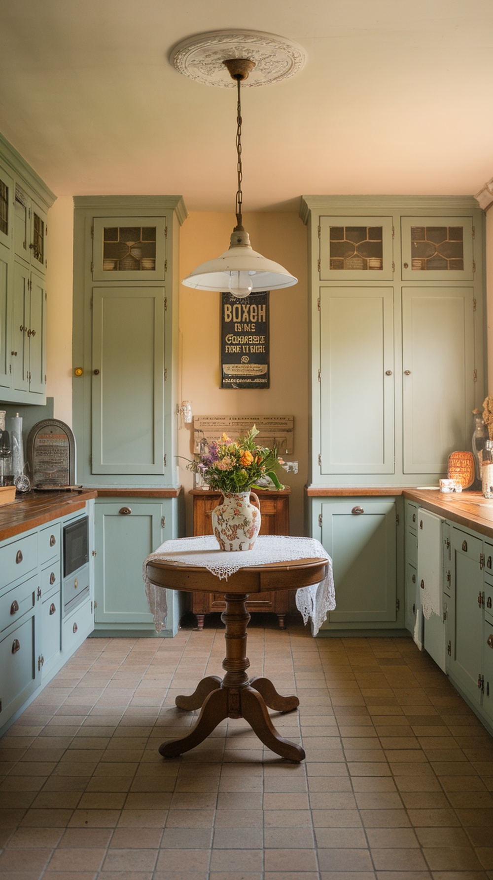 A cozy kitchen featuring classic light green cabinets, a wooden table, and floral decor.