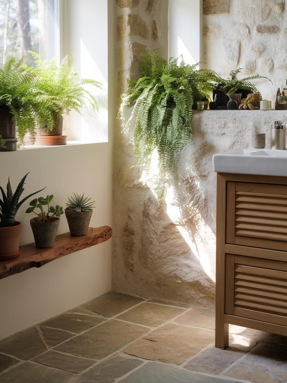 A cozy bathroom with ferns and succulents on a wooden shelf and natural stone walls.