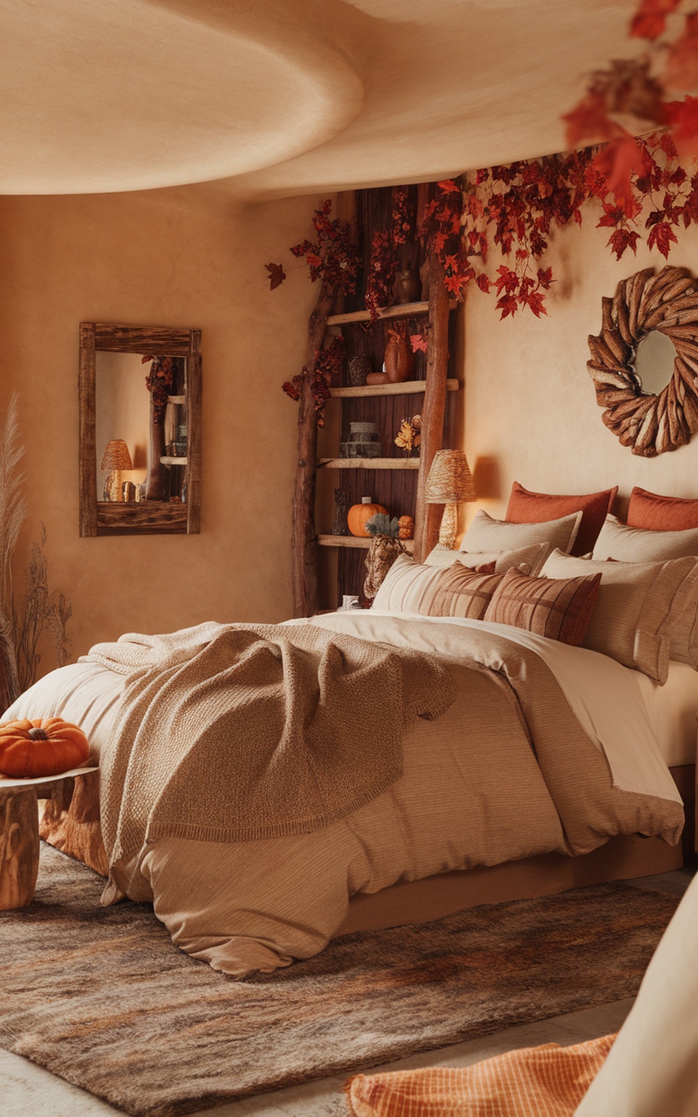 Cozy fall bedroom decor featuring warm earthy tones, pumpkins, and natural elements.