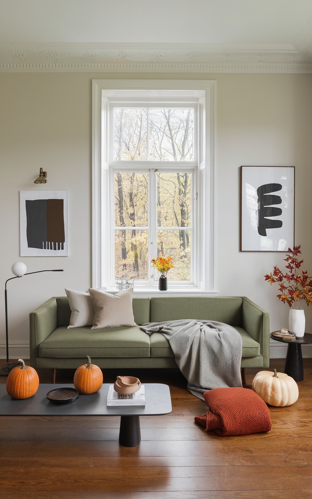 A modern living room featuring a grass green sofa, pumpkins, and autumn decor.