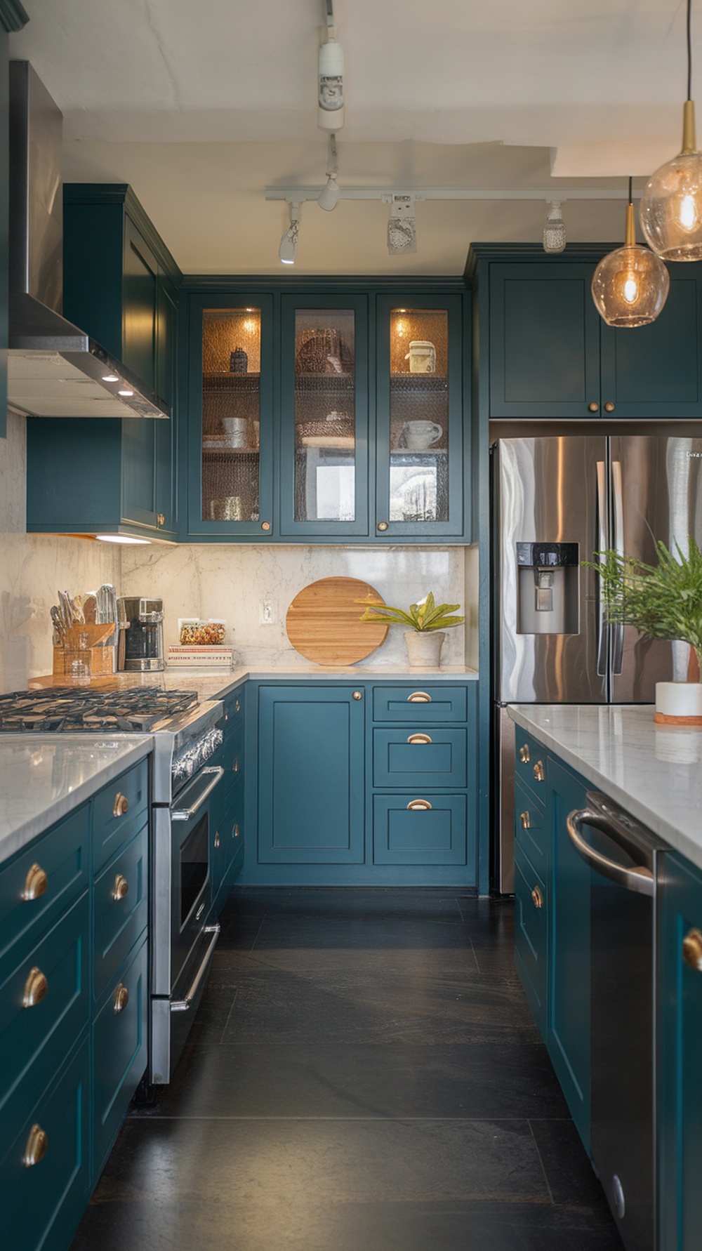 A stylish kitchen featuring dark teal cabinets, marble countertops, and modern appliances.