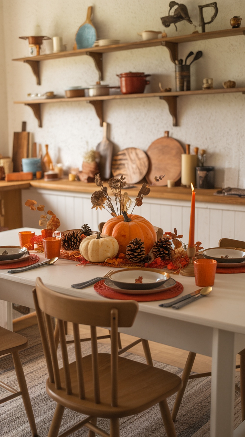 A cozy fall table setting with pumpkins, pinecones, and warm-toned dinnerware.