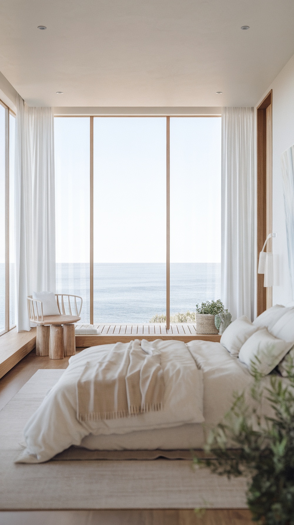 A minimalist modern luxury bedroom with large windows overlooking the ocean, featuring neutral colors and simple furniture.