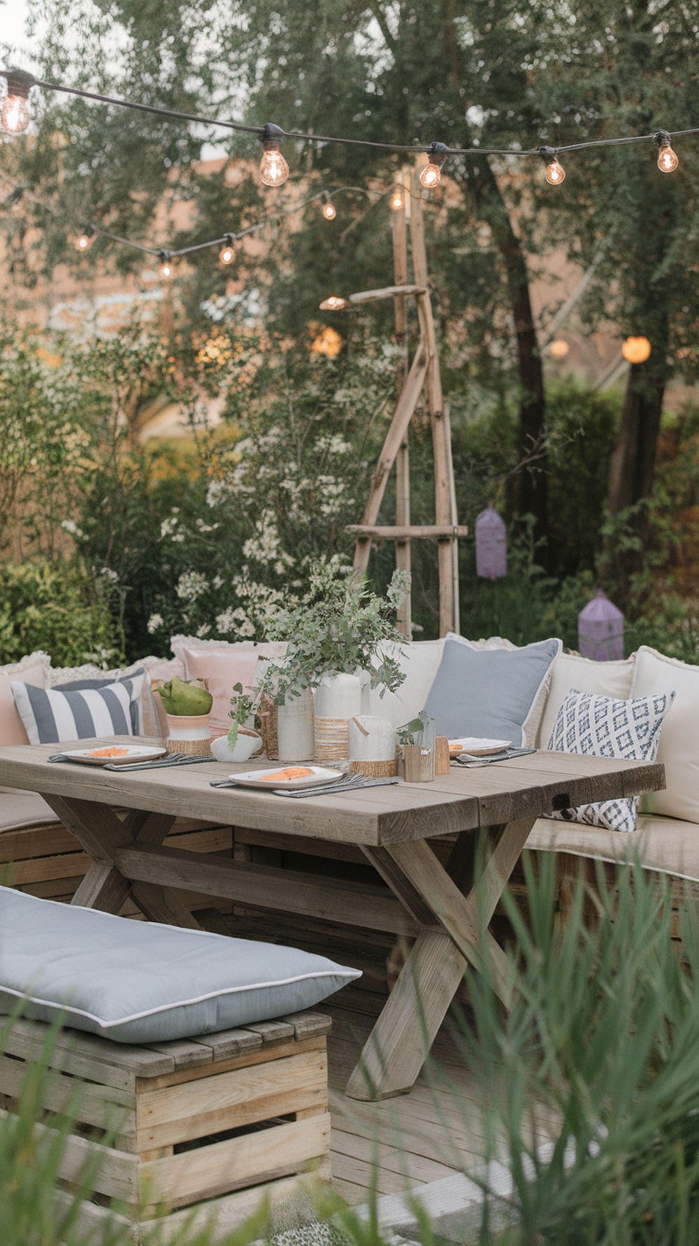 Cozy outdoor dining nook with wooden table, cushions, and string lights