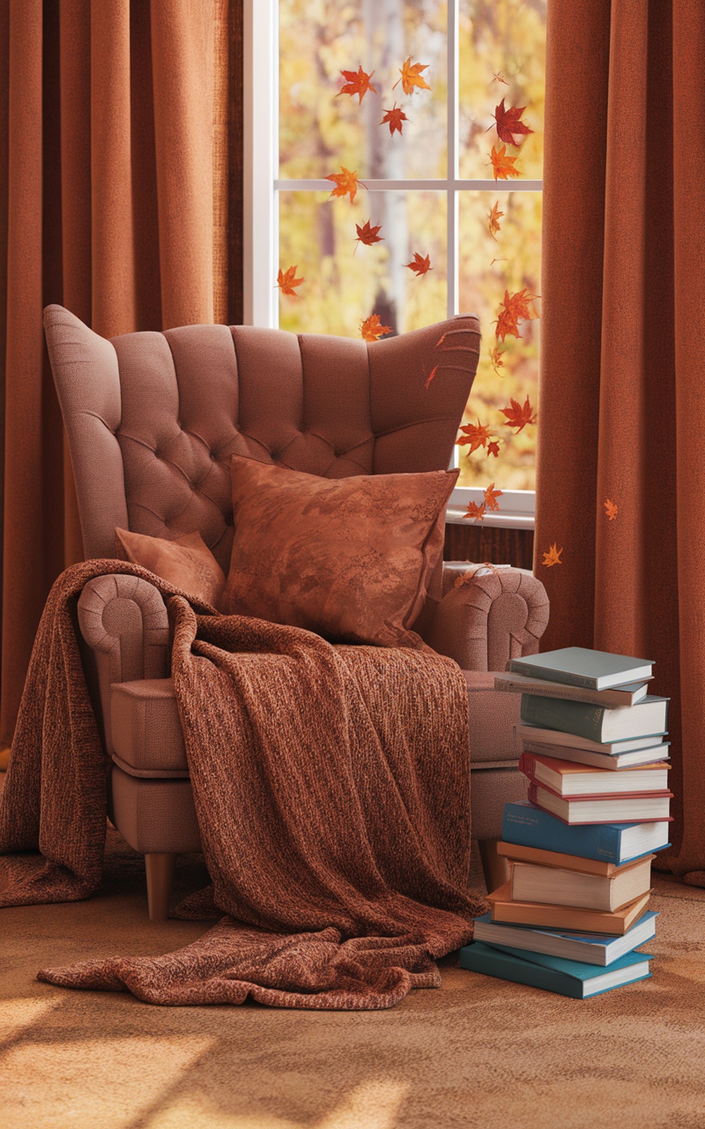 A cozy reading nook with a plush armchair, warm blankets, and a stack of books, surrounded by autumn leaves outside the window.