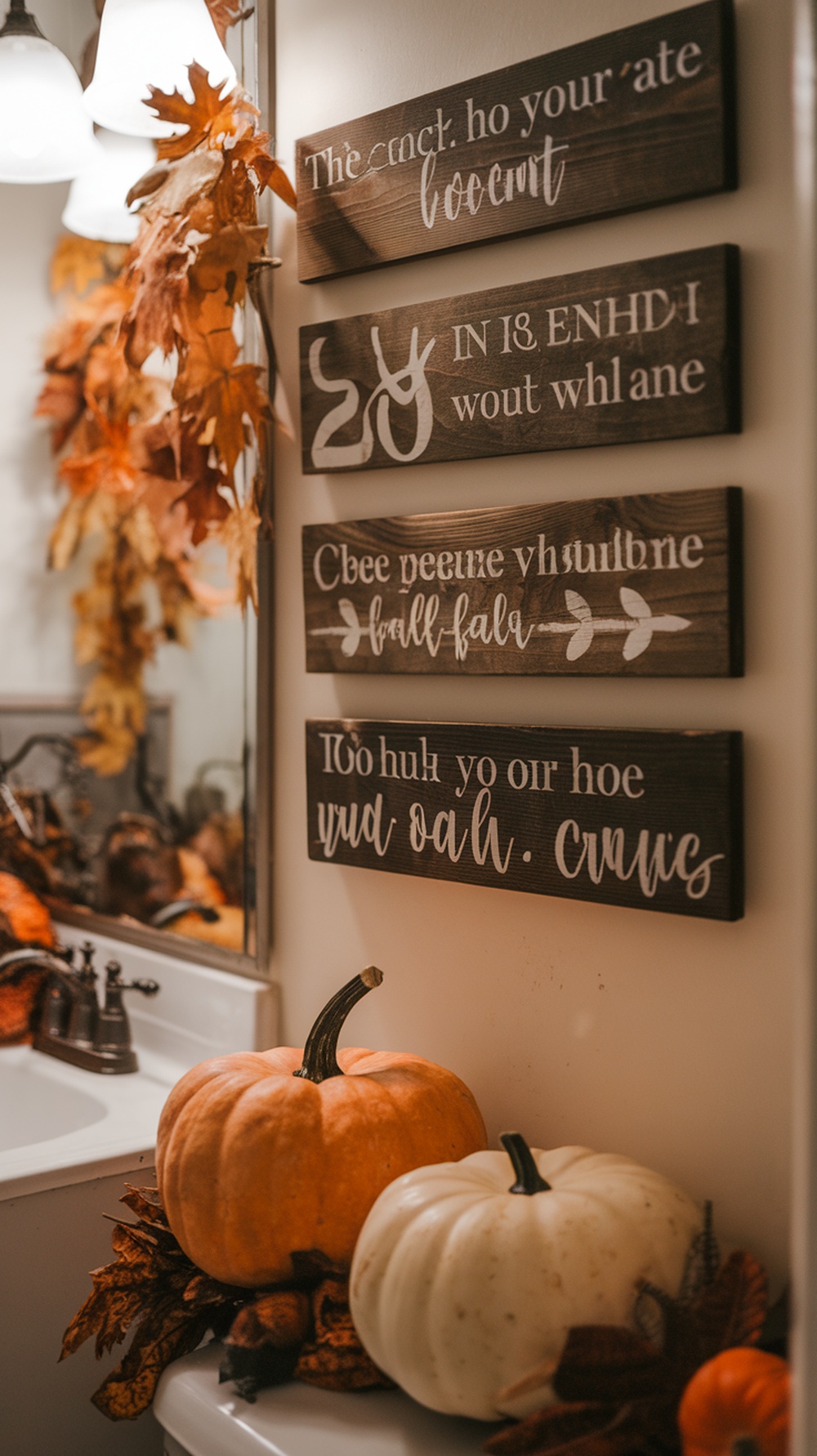 Rustic wooden signs with fall-themed messages in a cozy bathroom setting, featuring pumpkins and autumn leaves.
