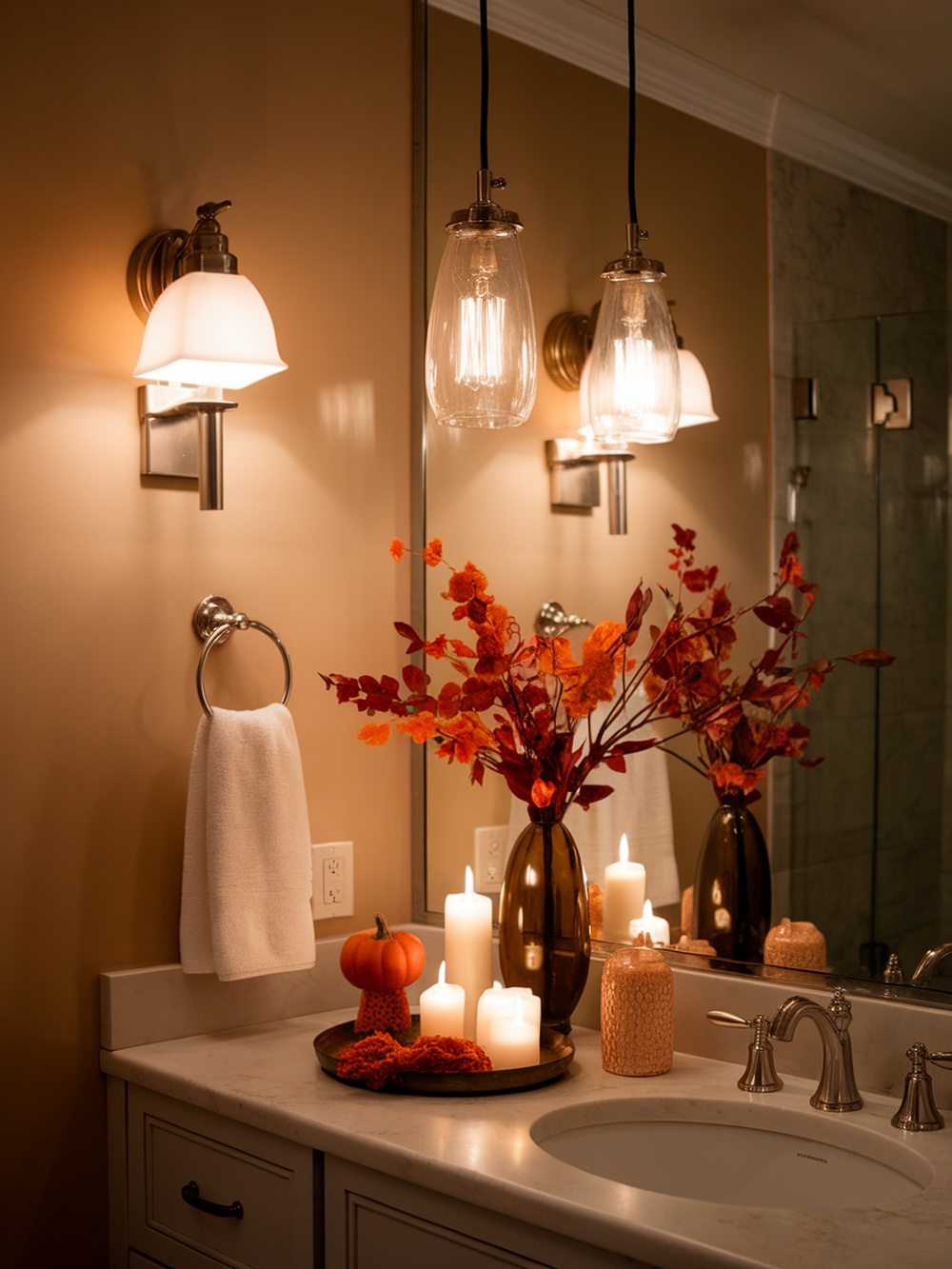 A cozy fall bathroom with layered lighting, featuring pendant lights, candles, and autumn decor.