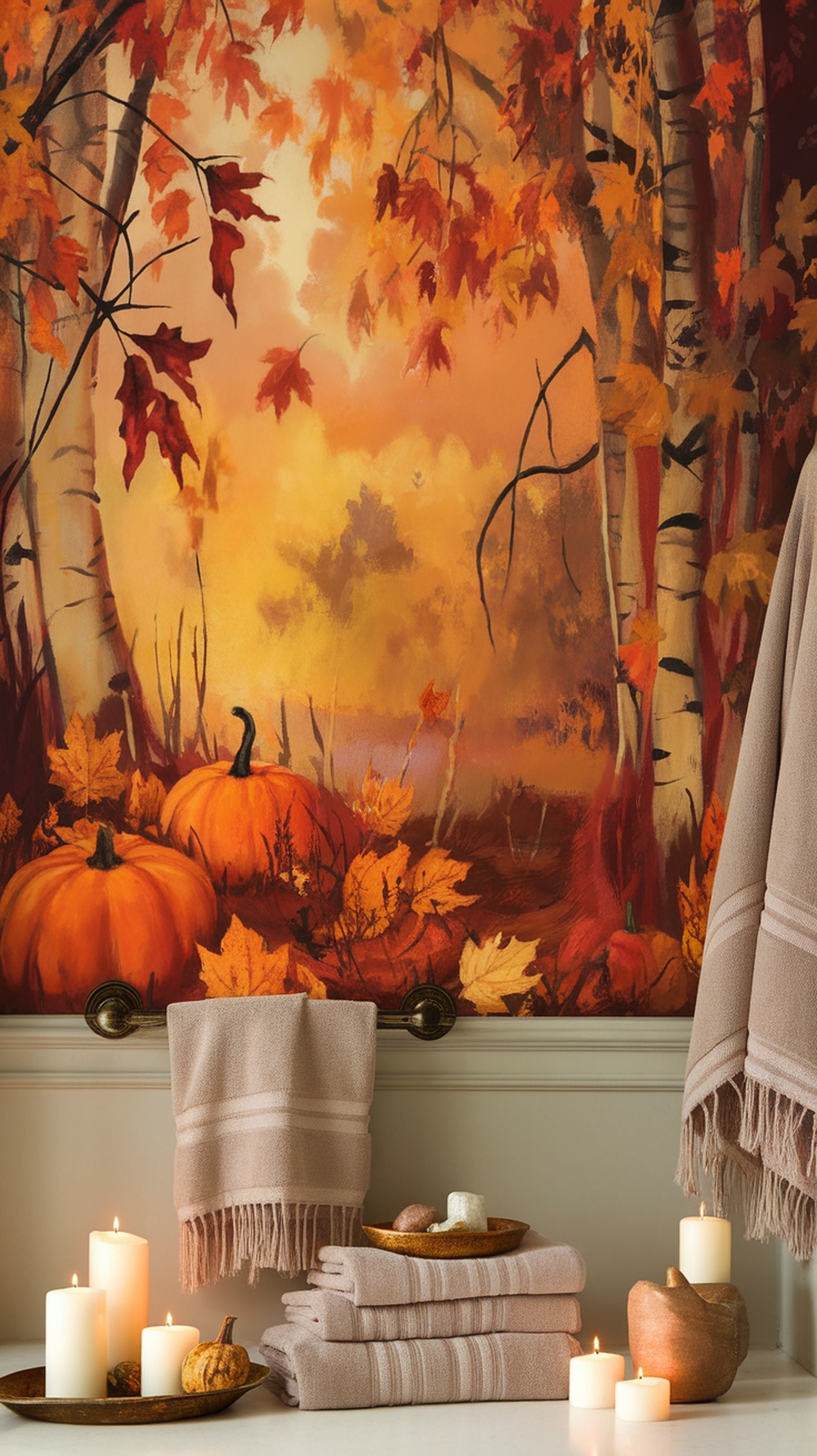 A cozy bathroom featuring a fall-themed mural with pumpkins and autumn leaves, complemented by soft towels and candles.