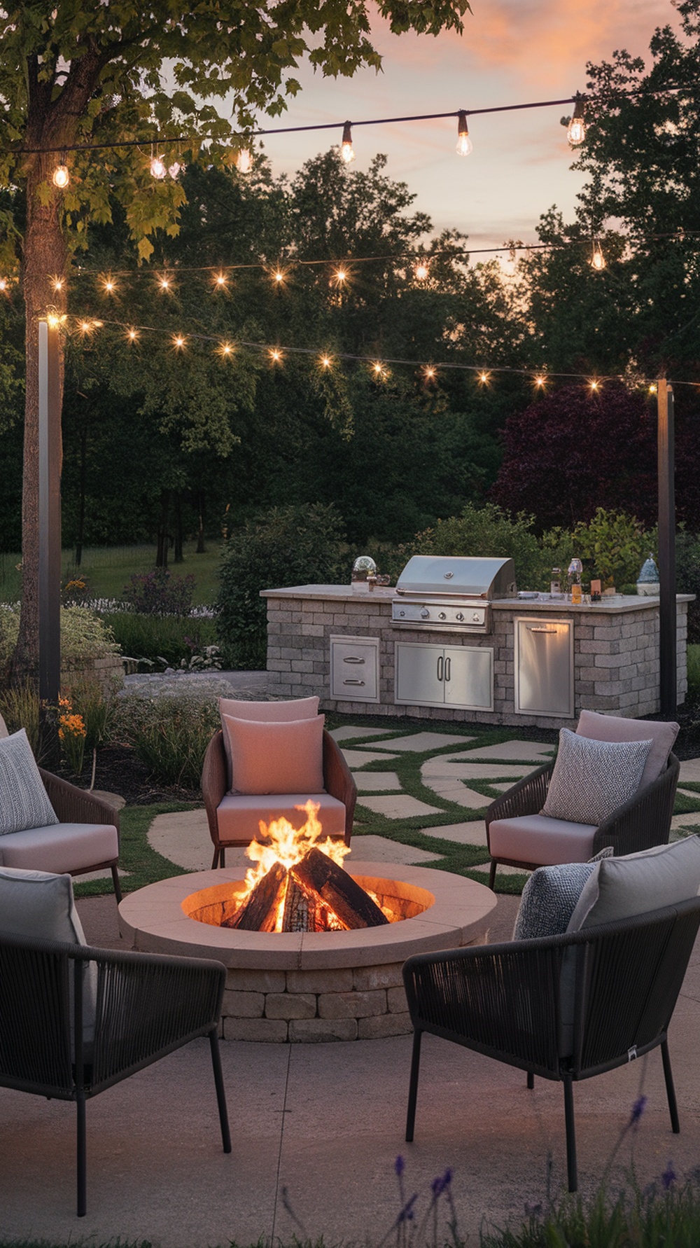 An outdoor kitchen with a fire pit, surrounded by seating and string lights, creating a cozy atmosphere.