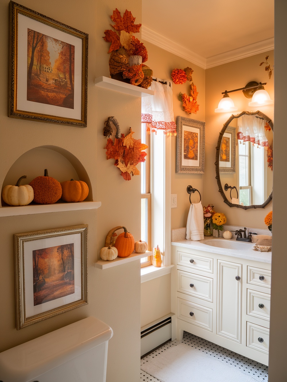 A cozy fall-themed bathroom with seasonal artwork, pumpkins, and autumn leaves.