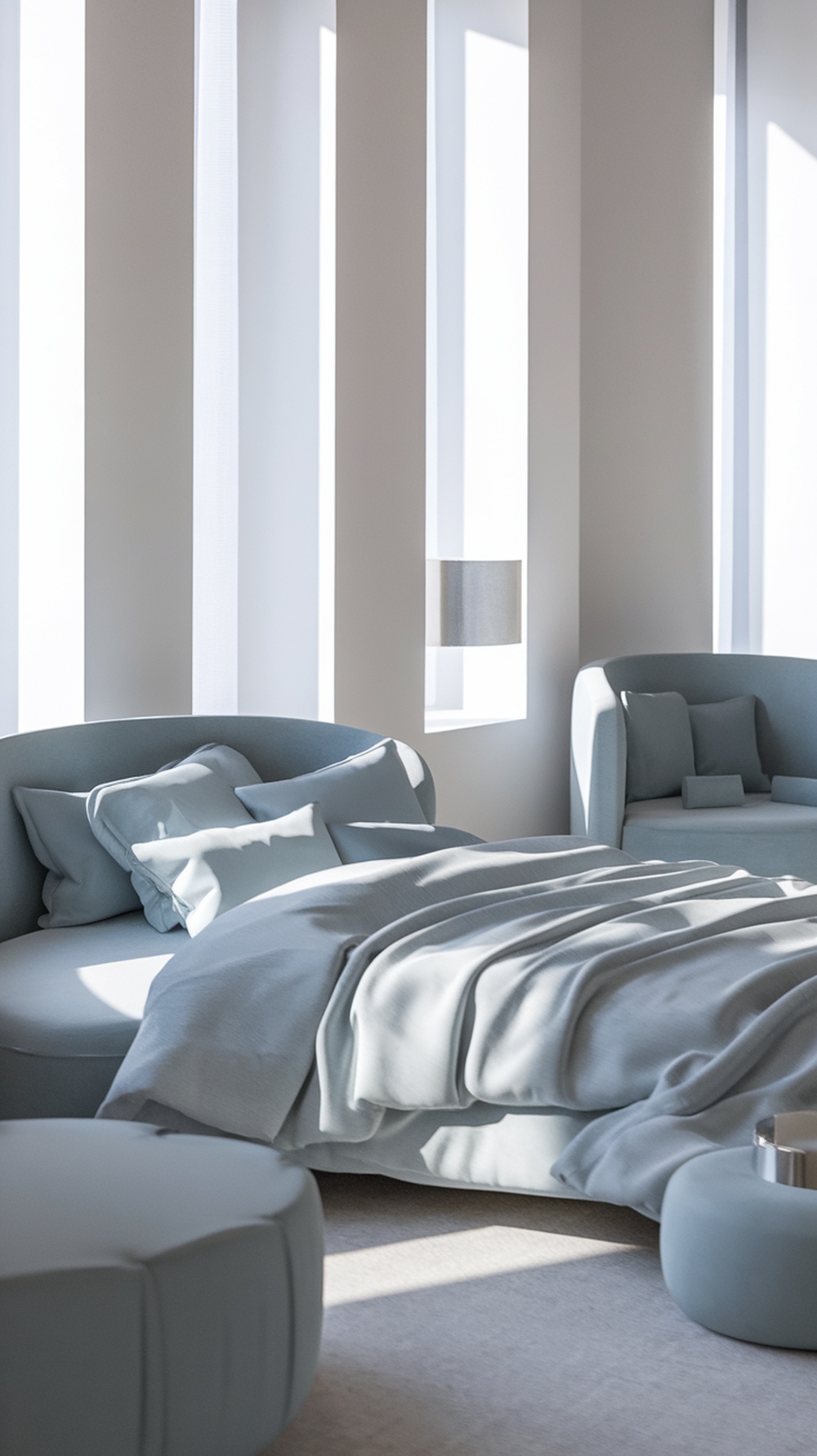 A modern luxury bedroom featuring a monochromatic blue color palette with soft bedding and matching furniture.