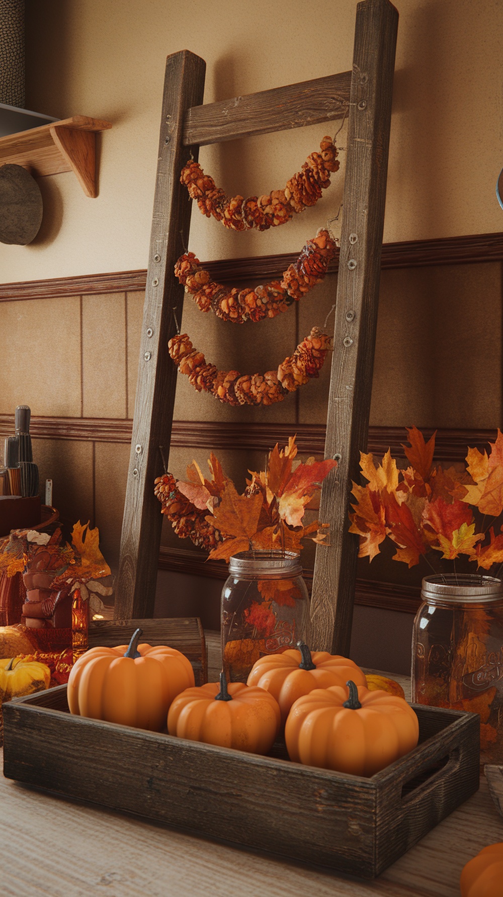 A rustic ladder with fall-themed garlands and a wooden tray filled with pumpkins in a cozy kitchen setting.