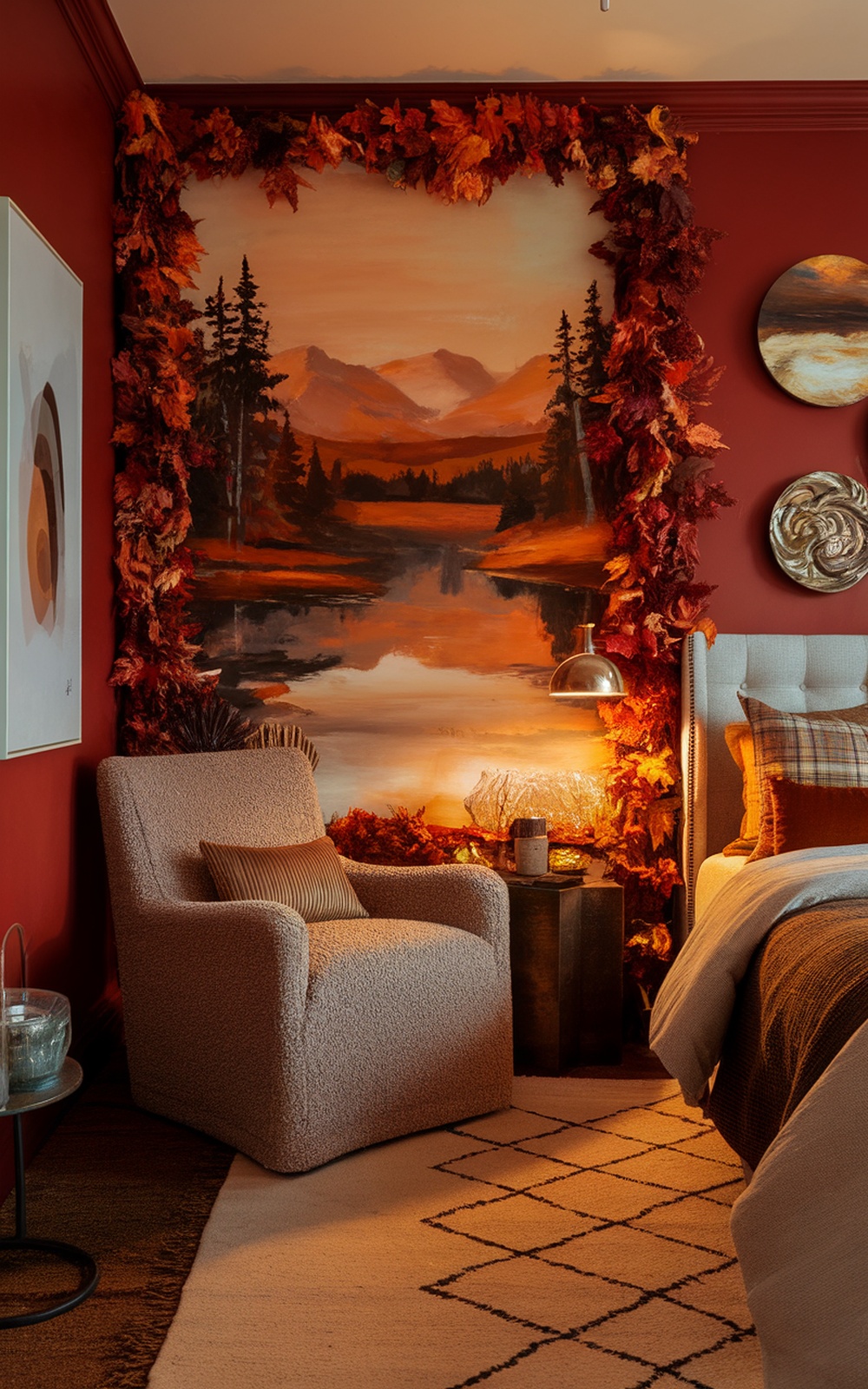 A cozy fall-themed bedroom featuring a statement wall with autumn leaves and a landscape painting.