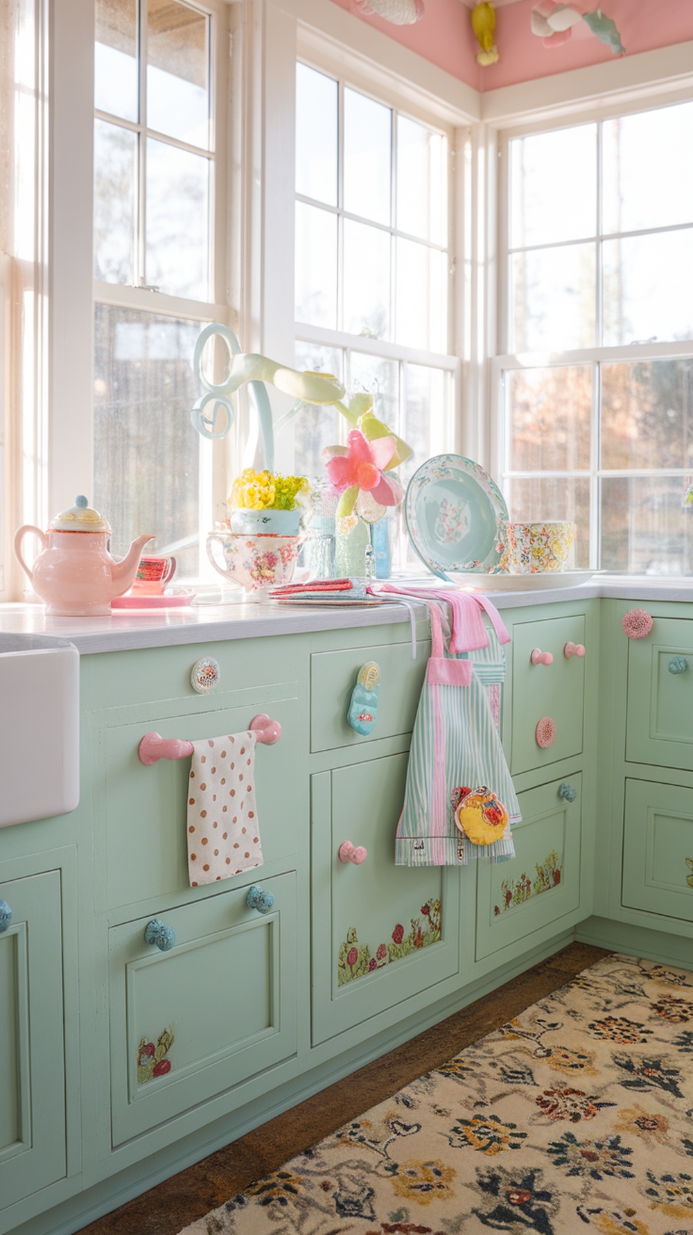 A bright kitchen featuring soft pastel green cabinets with colorful knobs and floral decorations, creating a whimsical and playful atmosphere.
