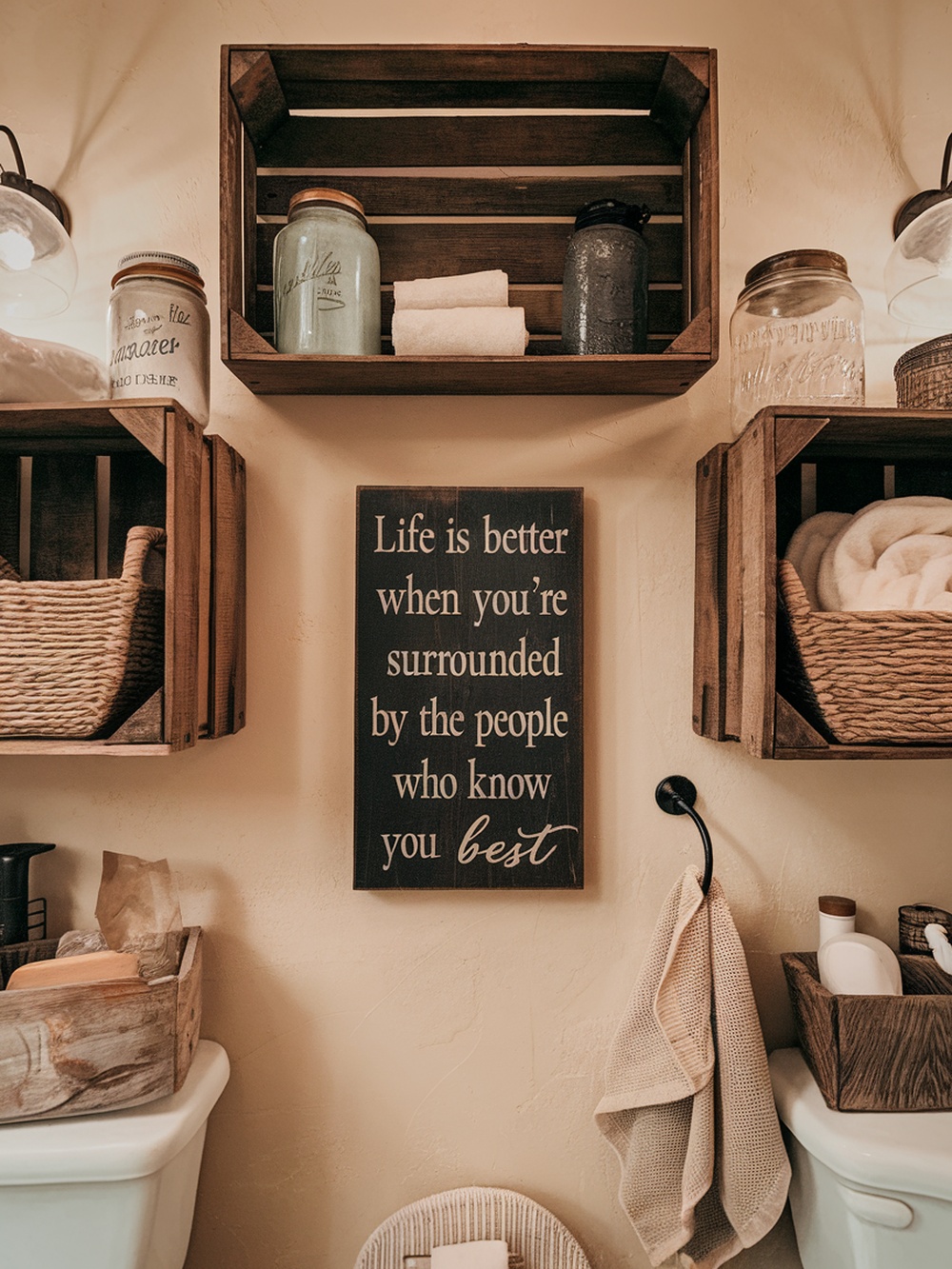 A cozy bathroom decorated with rustic wooden crates, jars, and a motivational sign.