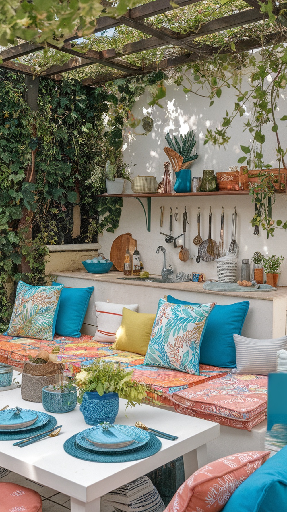 A vibrant outdoor kitchen area featuring colorful cushions, tableware, and plants, creating a lively and inviting atmosphere.