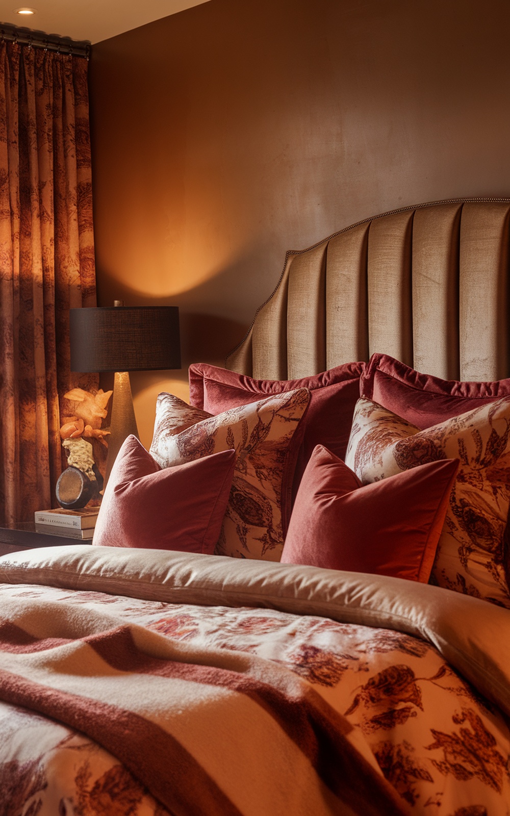 Luxurious fall bedroom decor with rich fabrics and warm colors