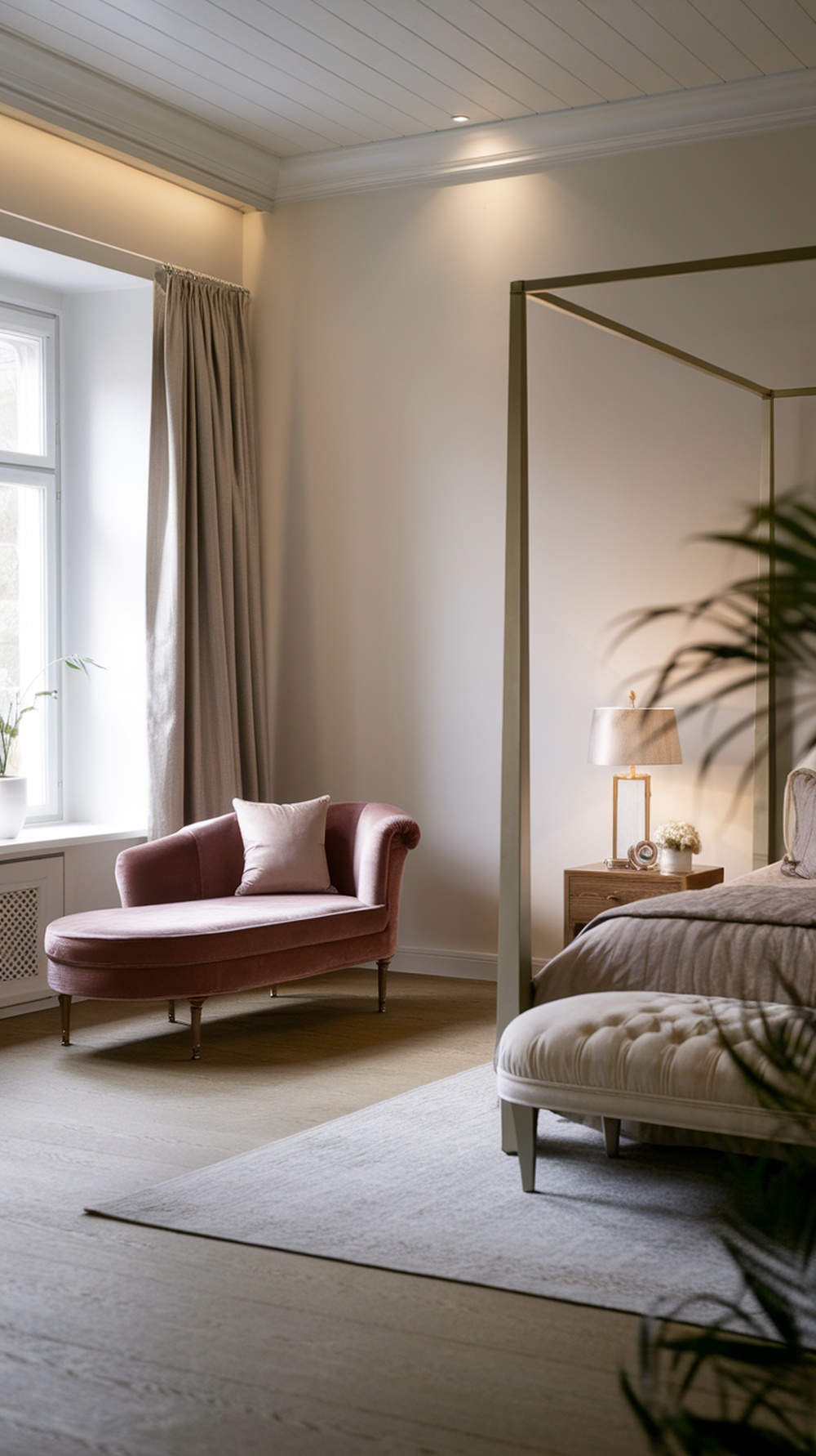 A modern luxury bedroom featuring a pink chaise lounge, soft bedding, and elegant lighting.
