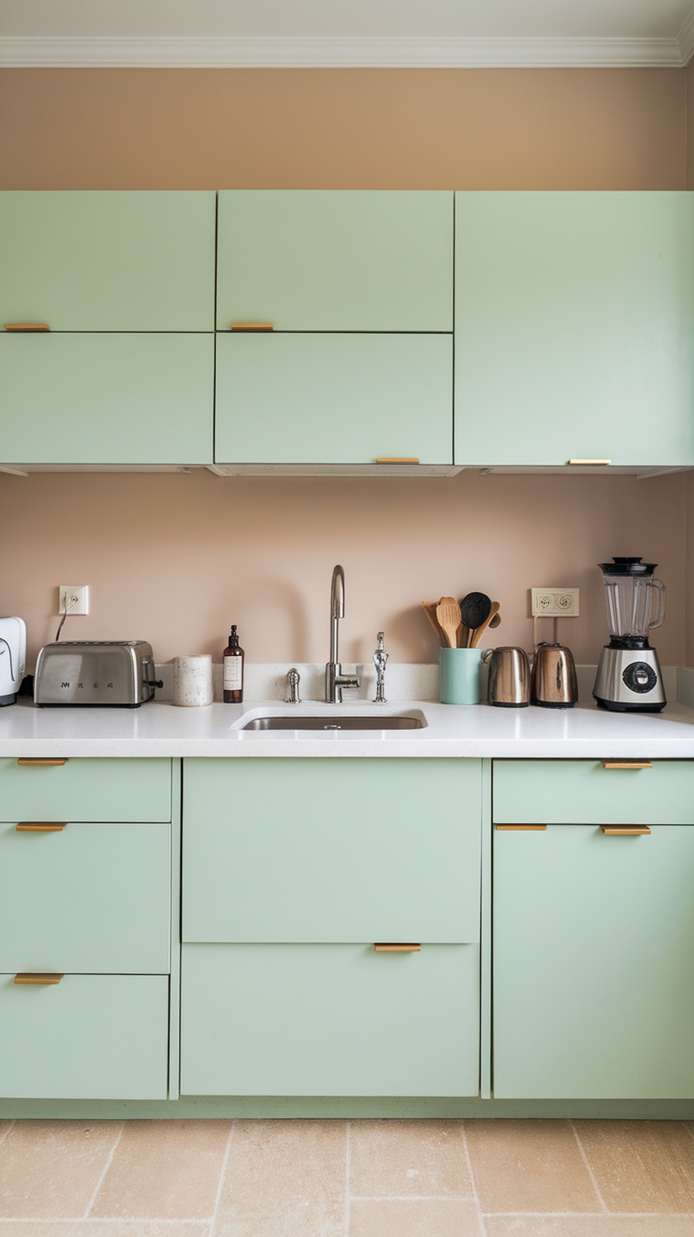 A modern kitchen featuring light mint green cabinets, white countertops, and a beige wall.