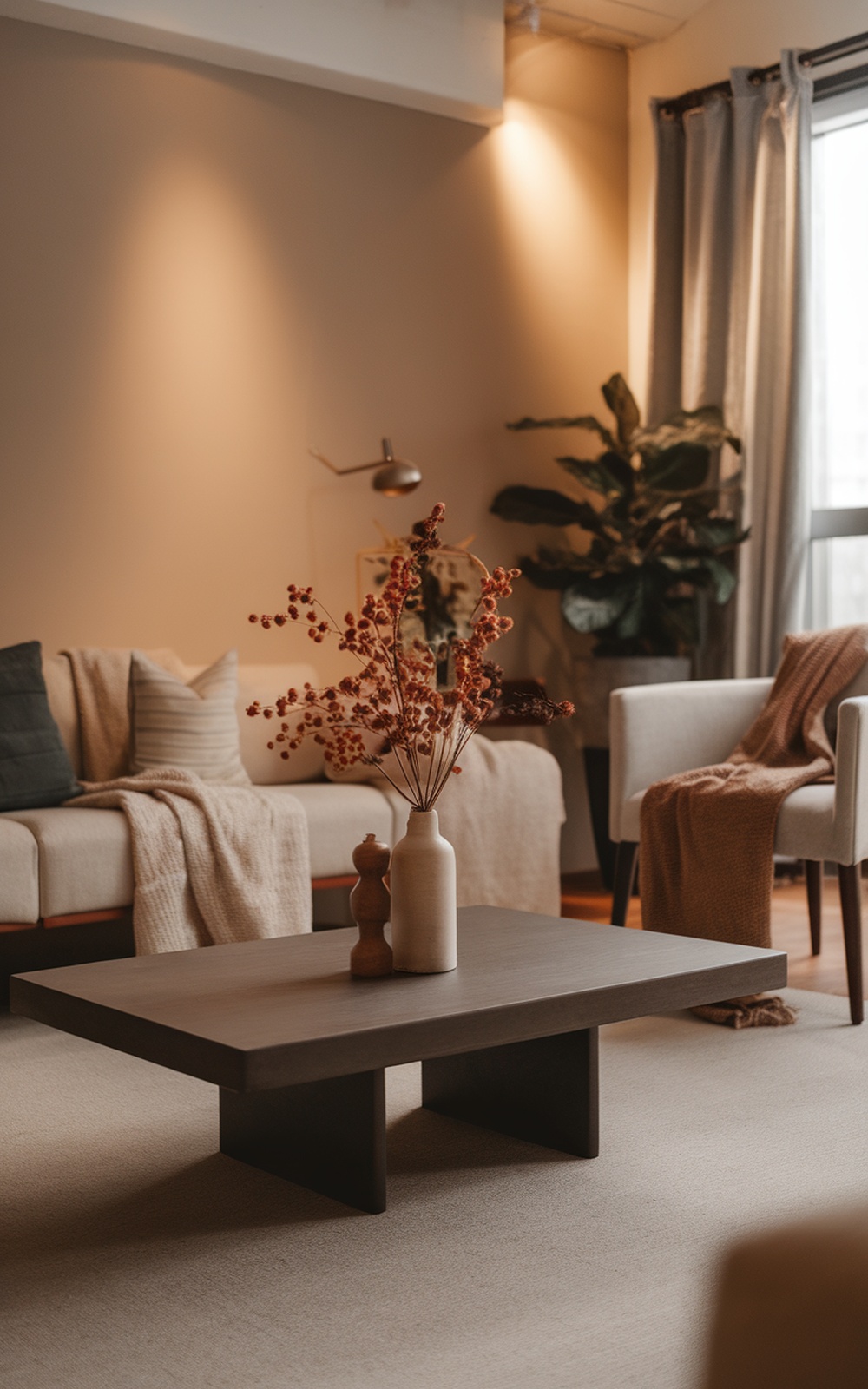 A modern living room featuring a Tansu coffee table with dried flowers, cozy throw blankets, and a warm color palette.