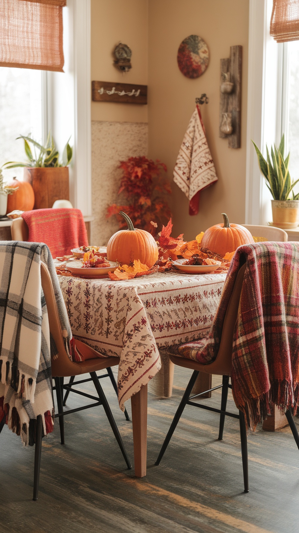 A cozy fall kitchen setting with pumpkins, colorful textiles, and warm decor.