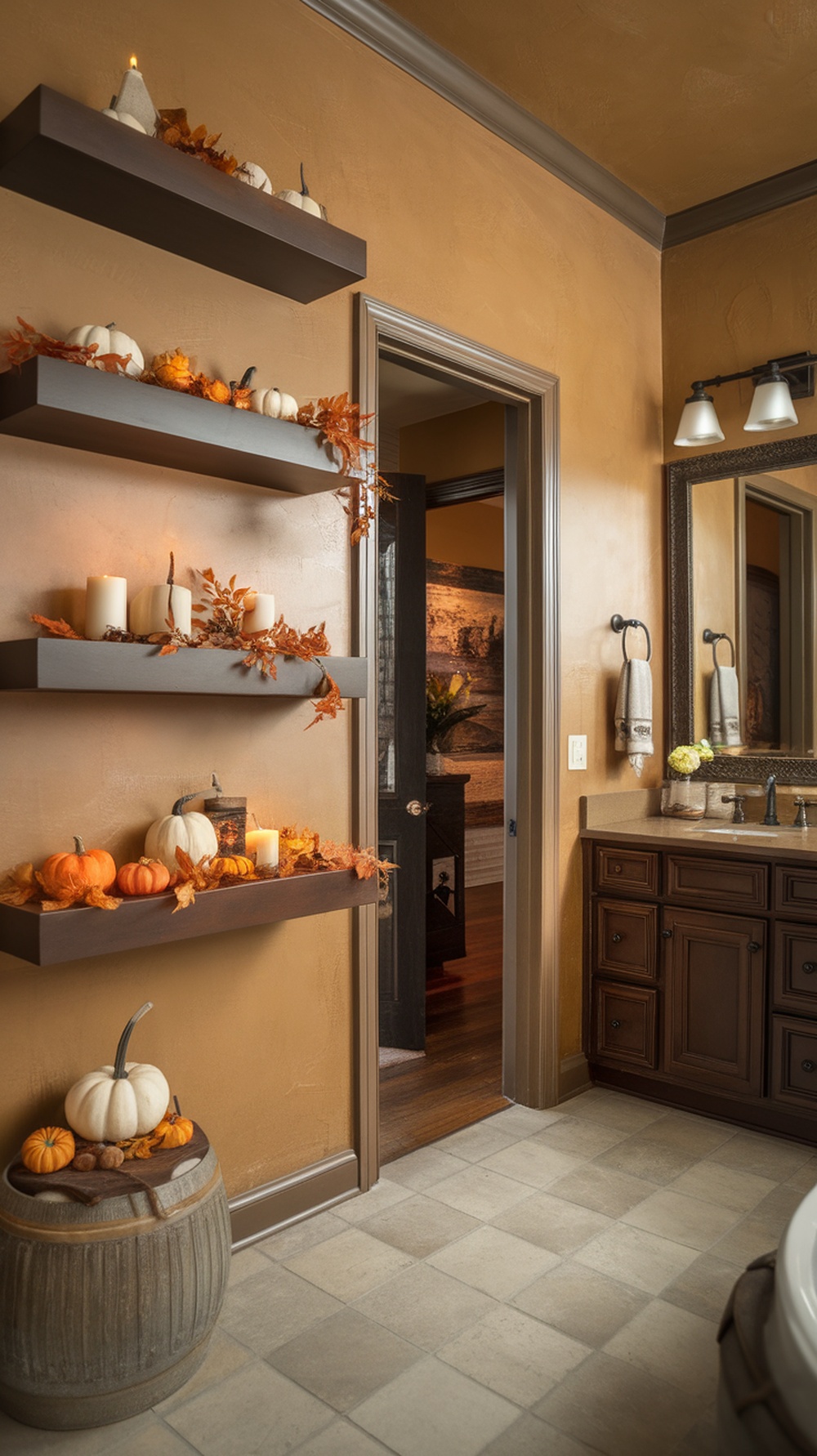 A bathroom with floating shelves decorated for fall, featuring pumpkins and candles.