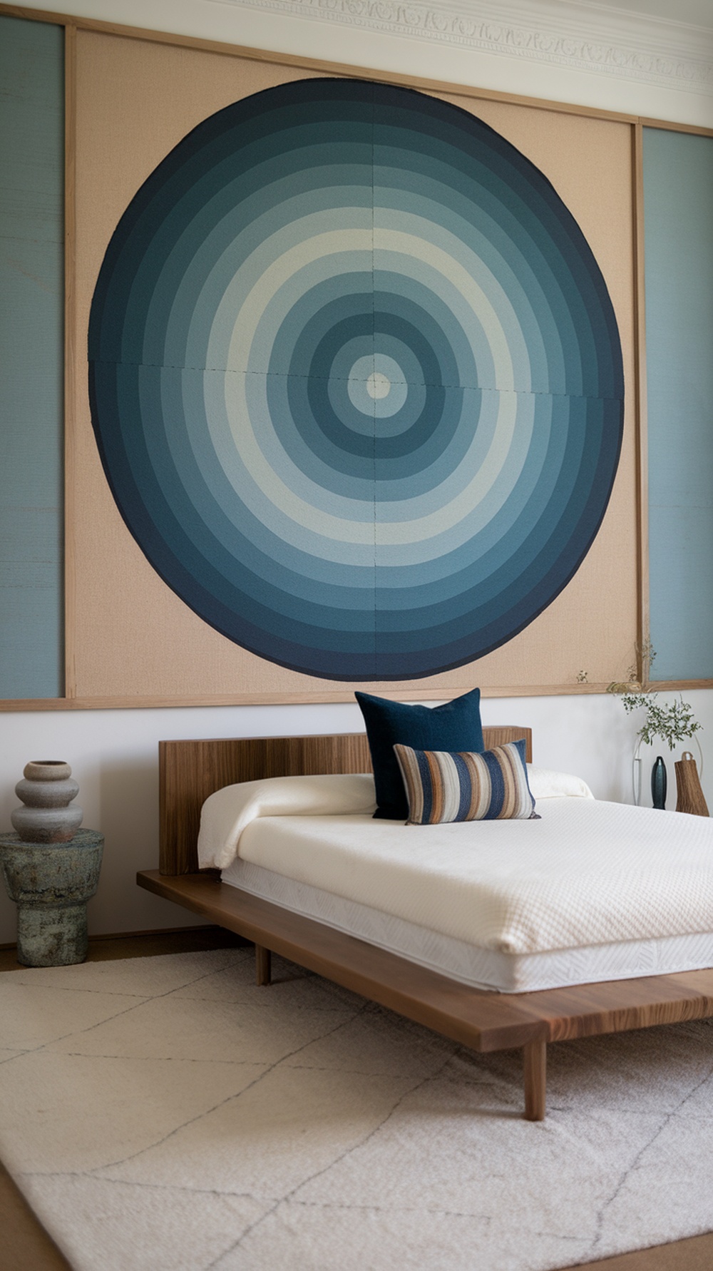 A modern luxury bedroom featuring eclectic minimalism with a large circular textile art piece, wooden bed frame, and striped pillows.