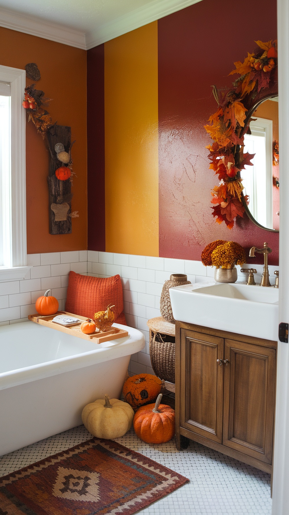 A cozy bathroom decorated with autumn colors, featuring painted wall accents in warm tones and seasonal decor like pumpkins and fall foliage.