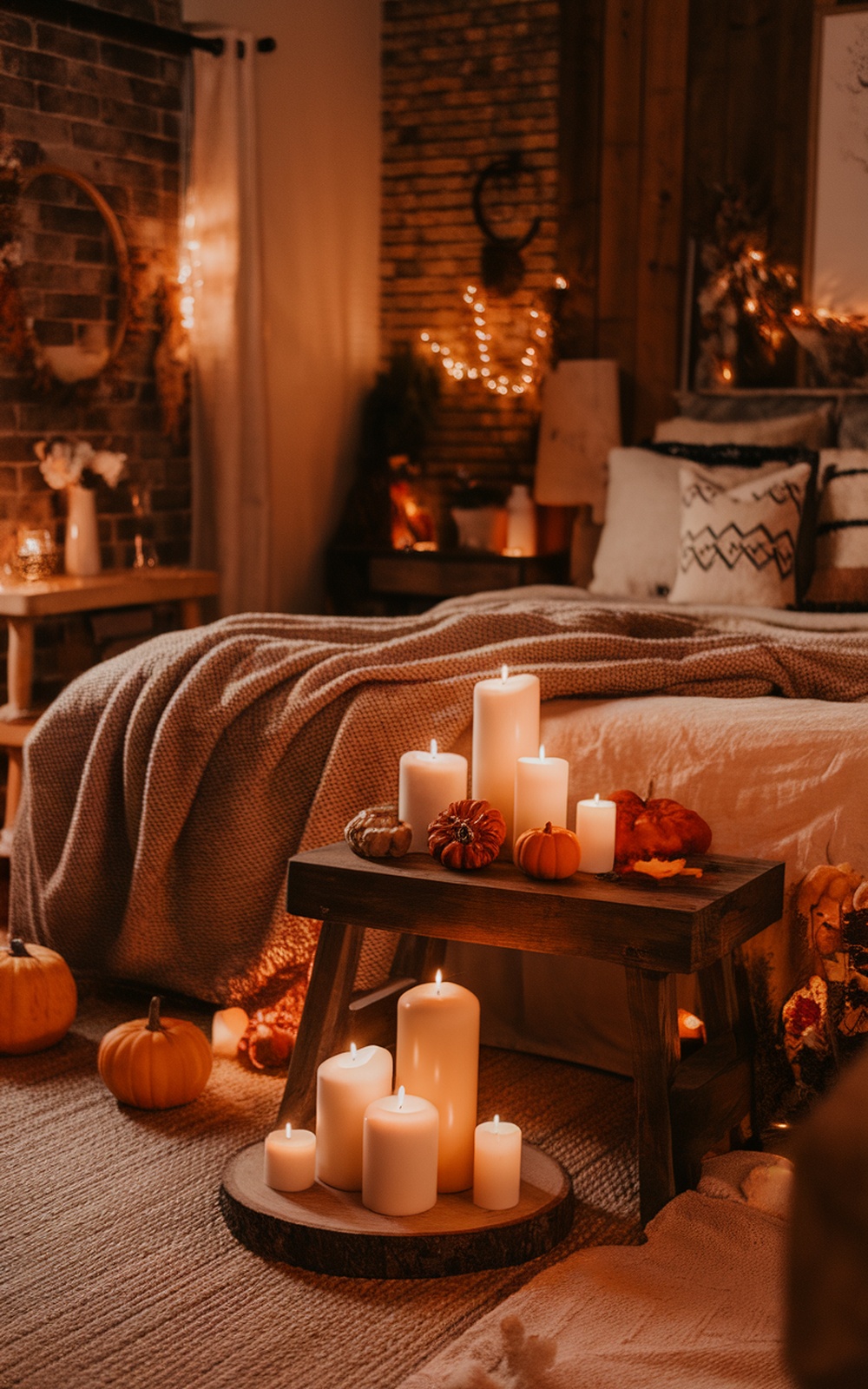 A cozy fall bedroom with candles, pumpkins, and warm lighting.