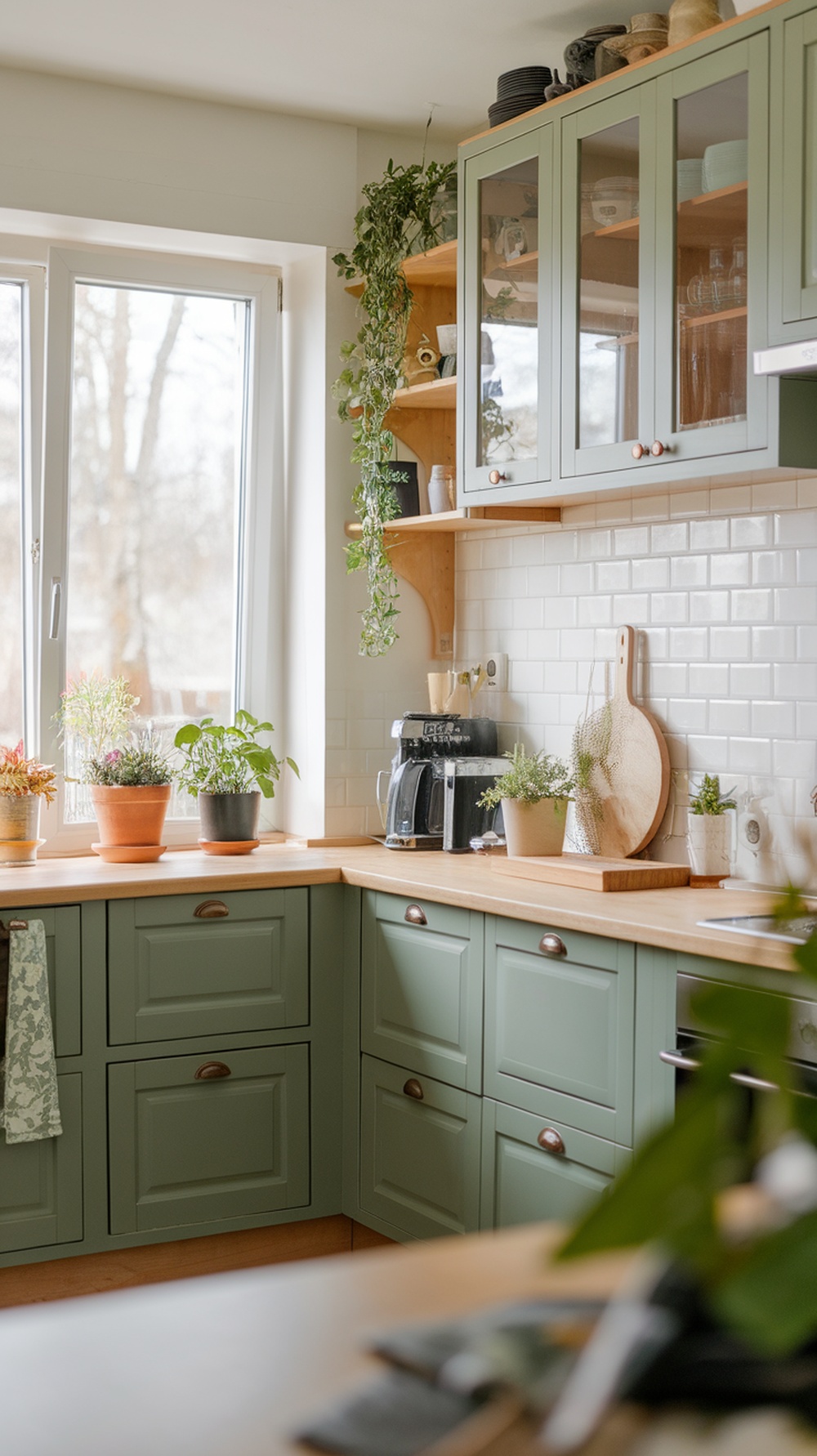 A cozy kitchen featuring green cabinets with wood accents, potted plants, and a bright window.
