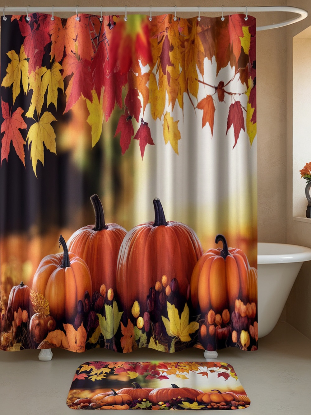 A colorful autumn-themed shower curtain featuring pumpkins and leaves