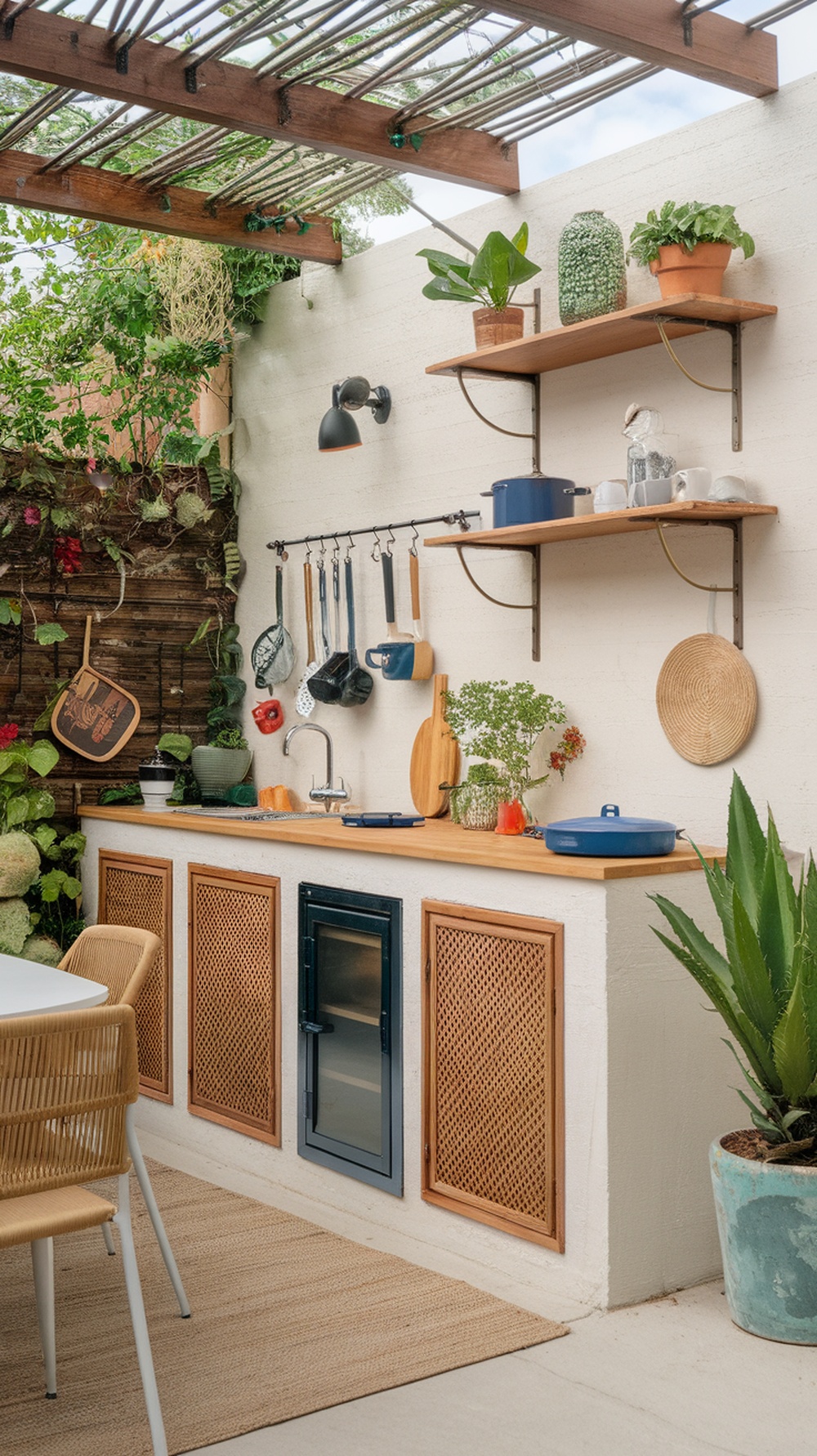 A compact outdoor kitchen with vertical shelves, hanging utensils, and plants.