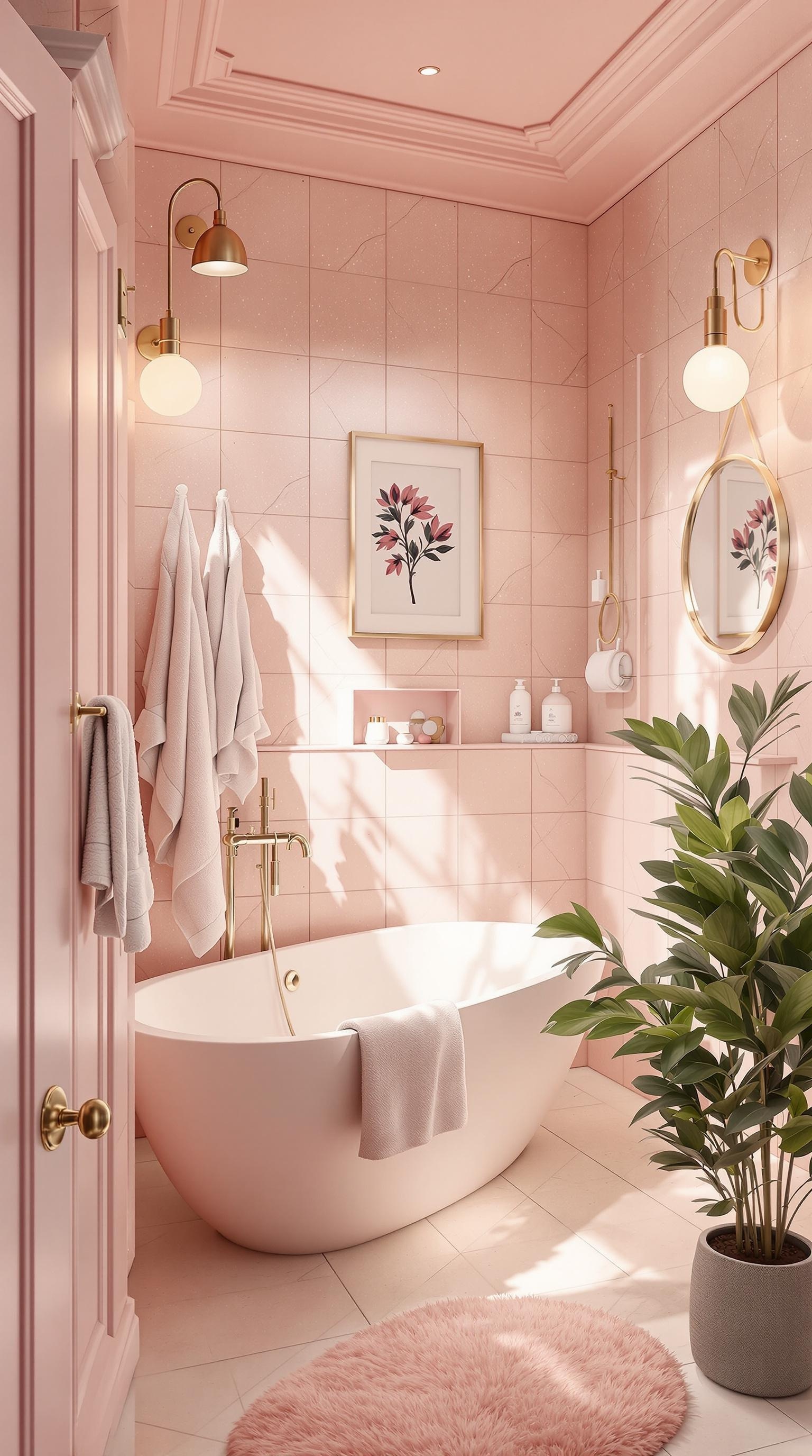A stylish teen girl bathroom featuring blush pink tiles, a freestanding bathtub, gold fixtures, and decorative elements.