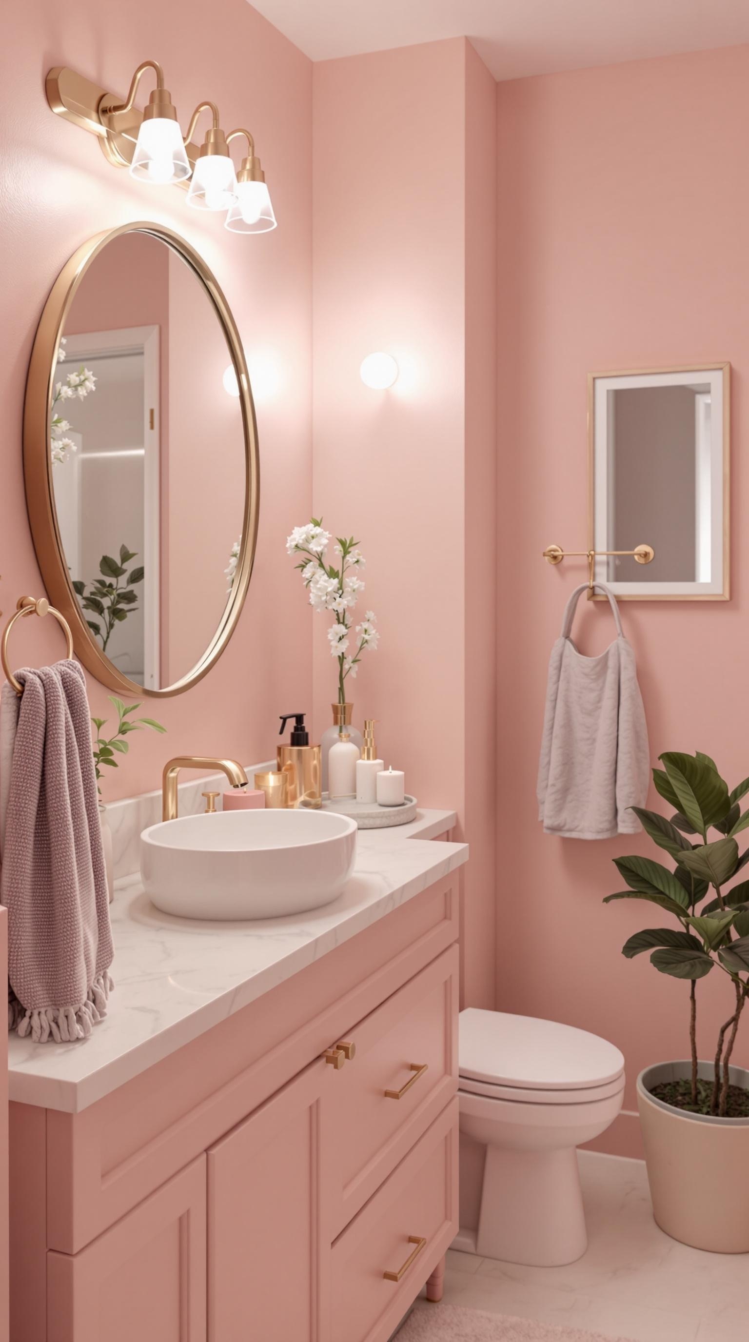 A stylish teen girl bathroom featuring blush pink walls, a marble countertop, gold fixtures, and decorative plants.