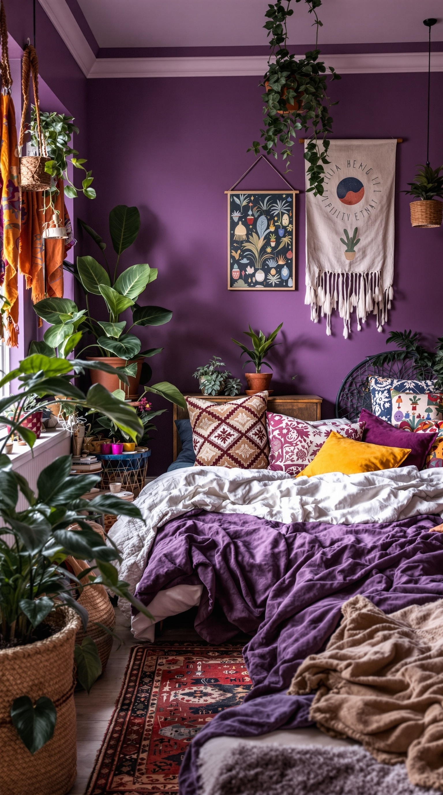 A bohemian purple bedroom featuring plants, colorful pillows, and layered bedding.