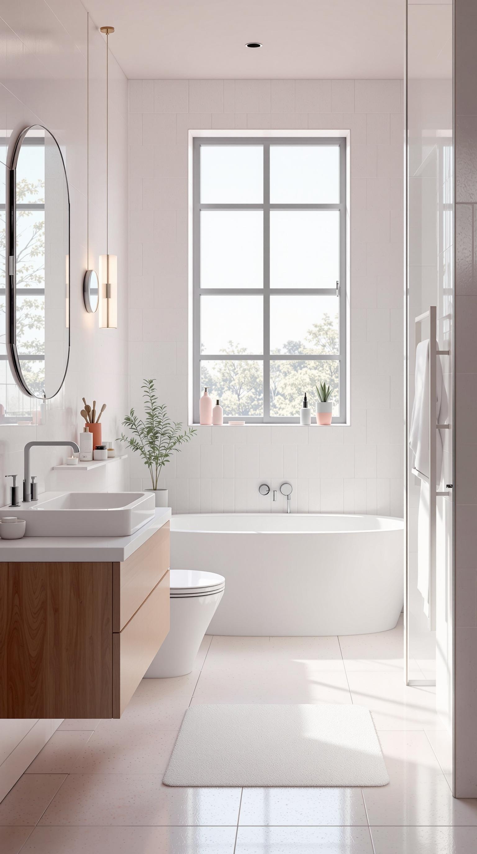 A modern minimalist bathroom with a freestanding bathtub, wooden cabinetry, and natural light.